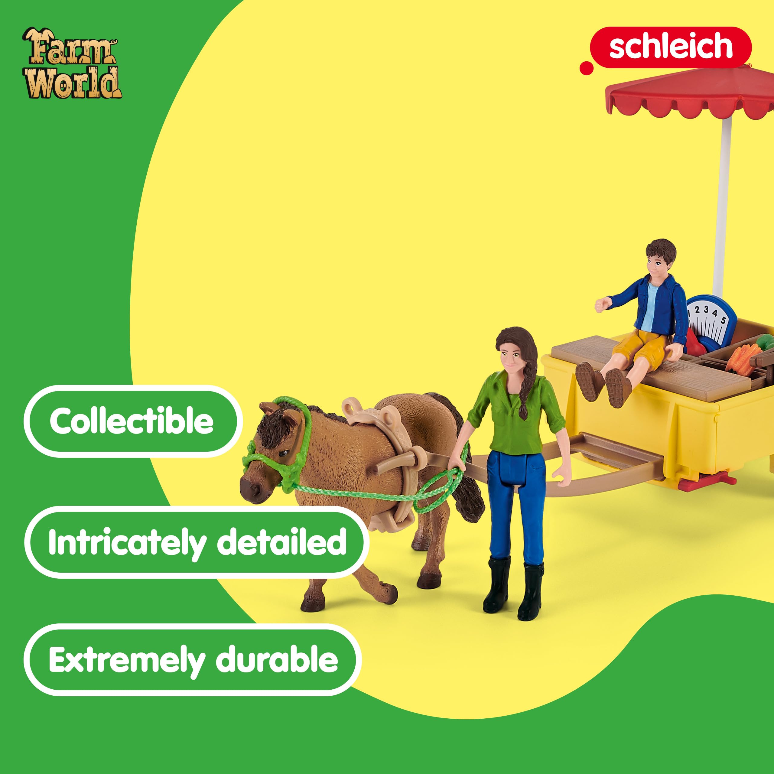 Schleich Farm World — Sunny Day Mobile Farm Stand Playset, Farm Play Set with Farmer Dolls, Horse and Mobile Produce Stand, Farm Animal Toys for Kids Ages 3+