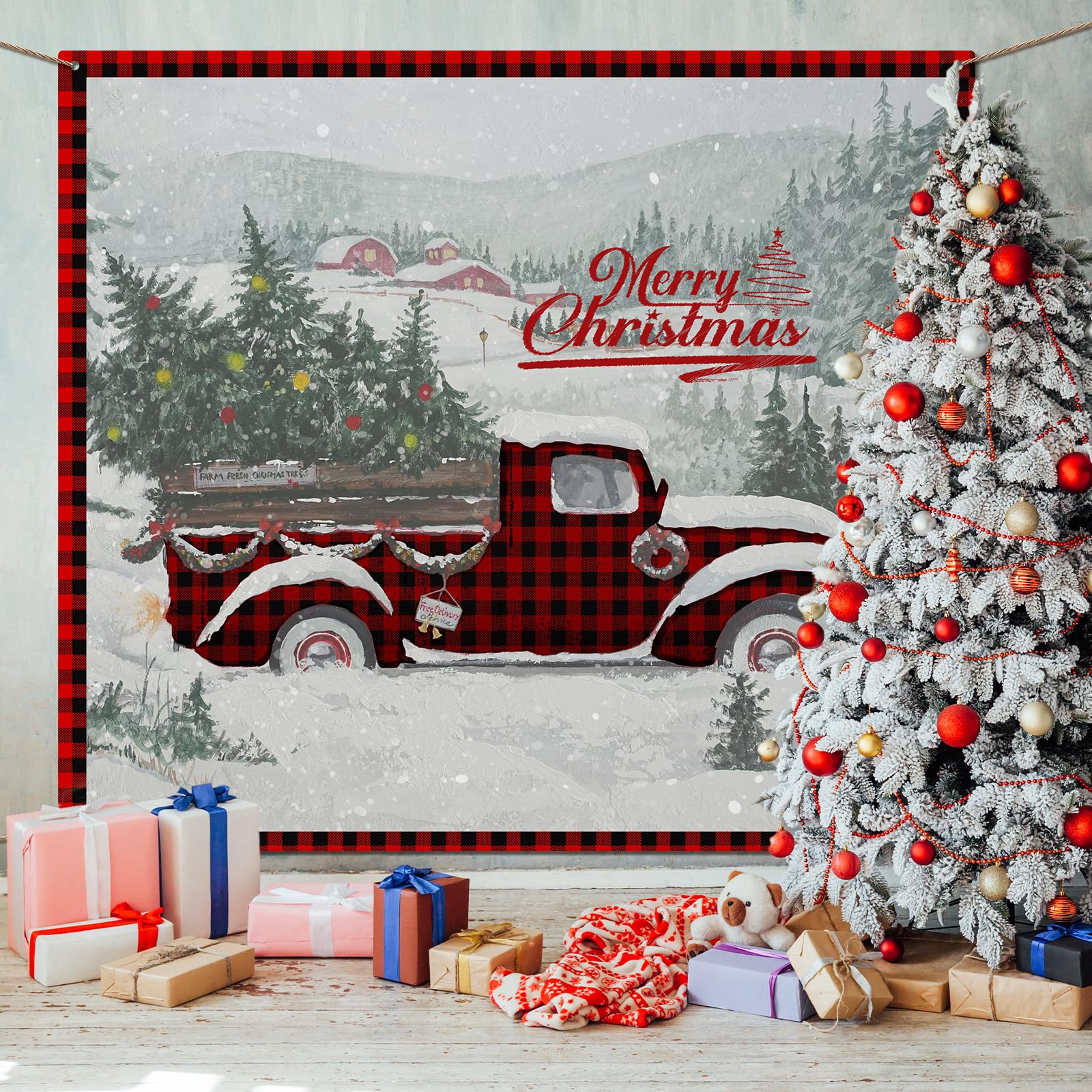 Weihnachts-Garagentor-Banner 2,1 X 4,8 M – Winterlandschaft Mit Kiefern, Wasserfest & Wiederverwendbar – Für Draußen