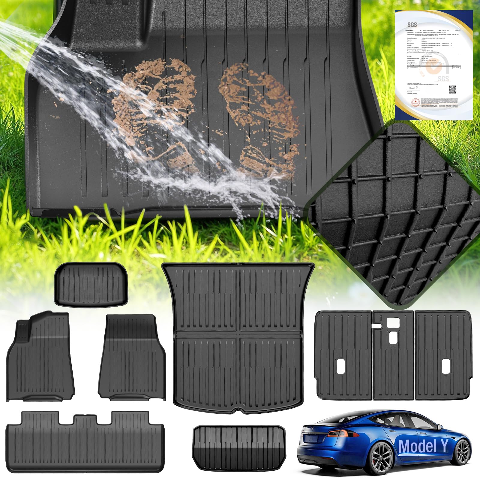 moveland TPE Tesla Model Y Fußmatten Passend für Tesla Model Y 2019–2024 – Allwetter & Extra Robust – rutschfest, Wasserdicht, Leicht zu Reinigen – autofussmatten(9 PCS)
