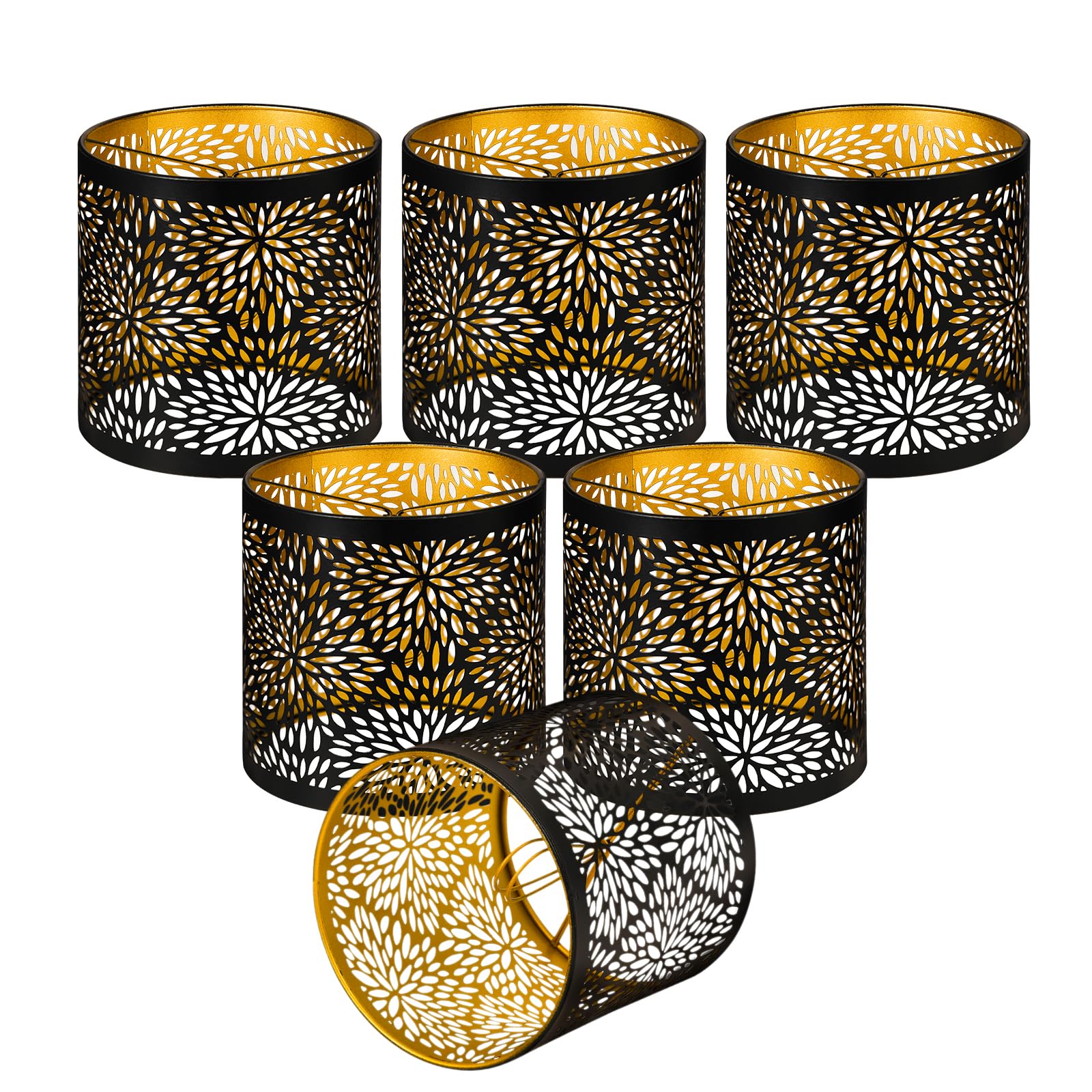 ALUCSET6pcs Small Lamp Shades, Chandelier Shades Clip on Bulb, 5.1 x 5.1in Metal Lamp Shades Replacement, Mini Cylinder Lampshade, Black Gold Clip on Lamp Shade for Pendant Light Wall Sconces