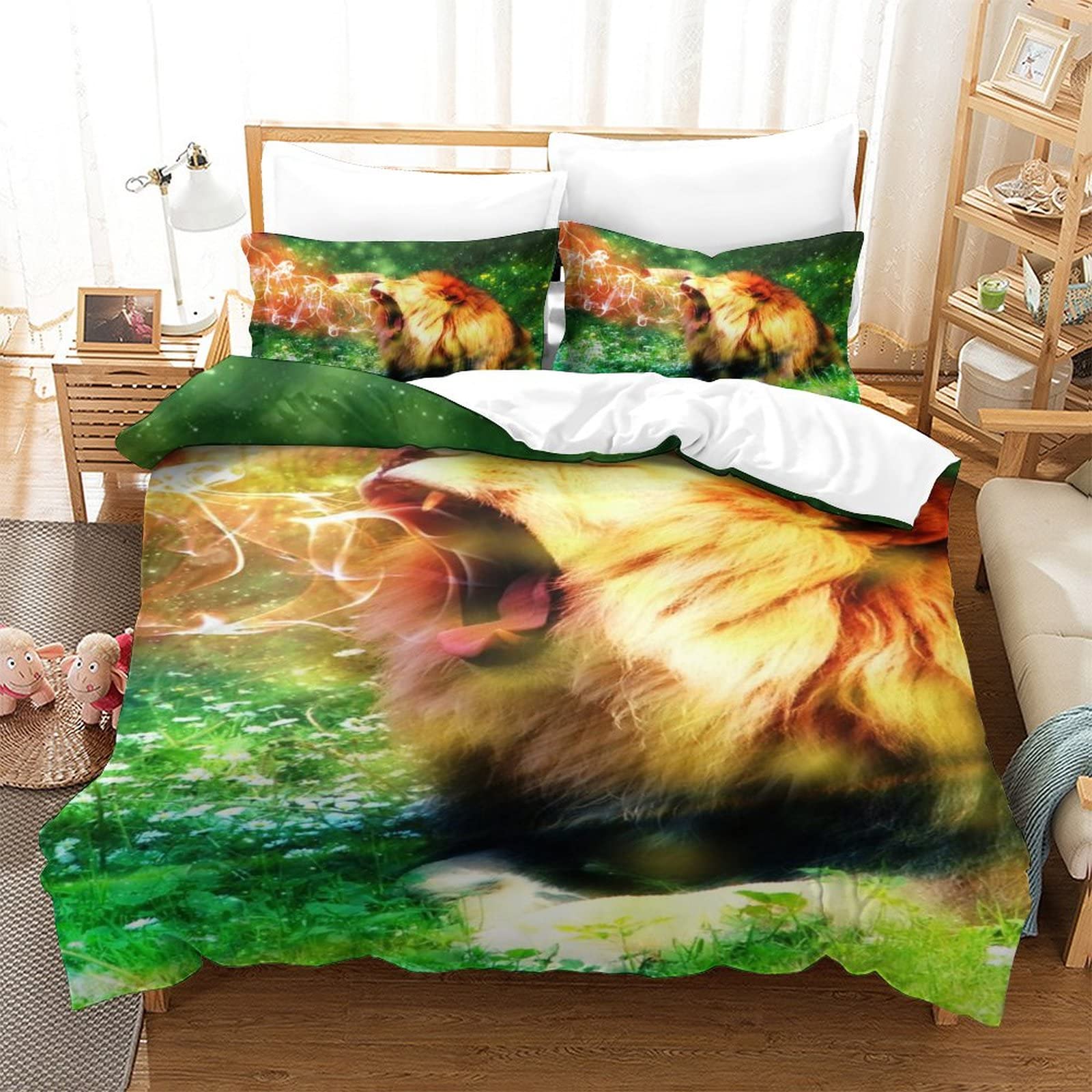 Housse de couette lion 3D hypoallergénique en microfibre douce anti-plis pour lit enfant et ado