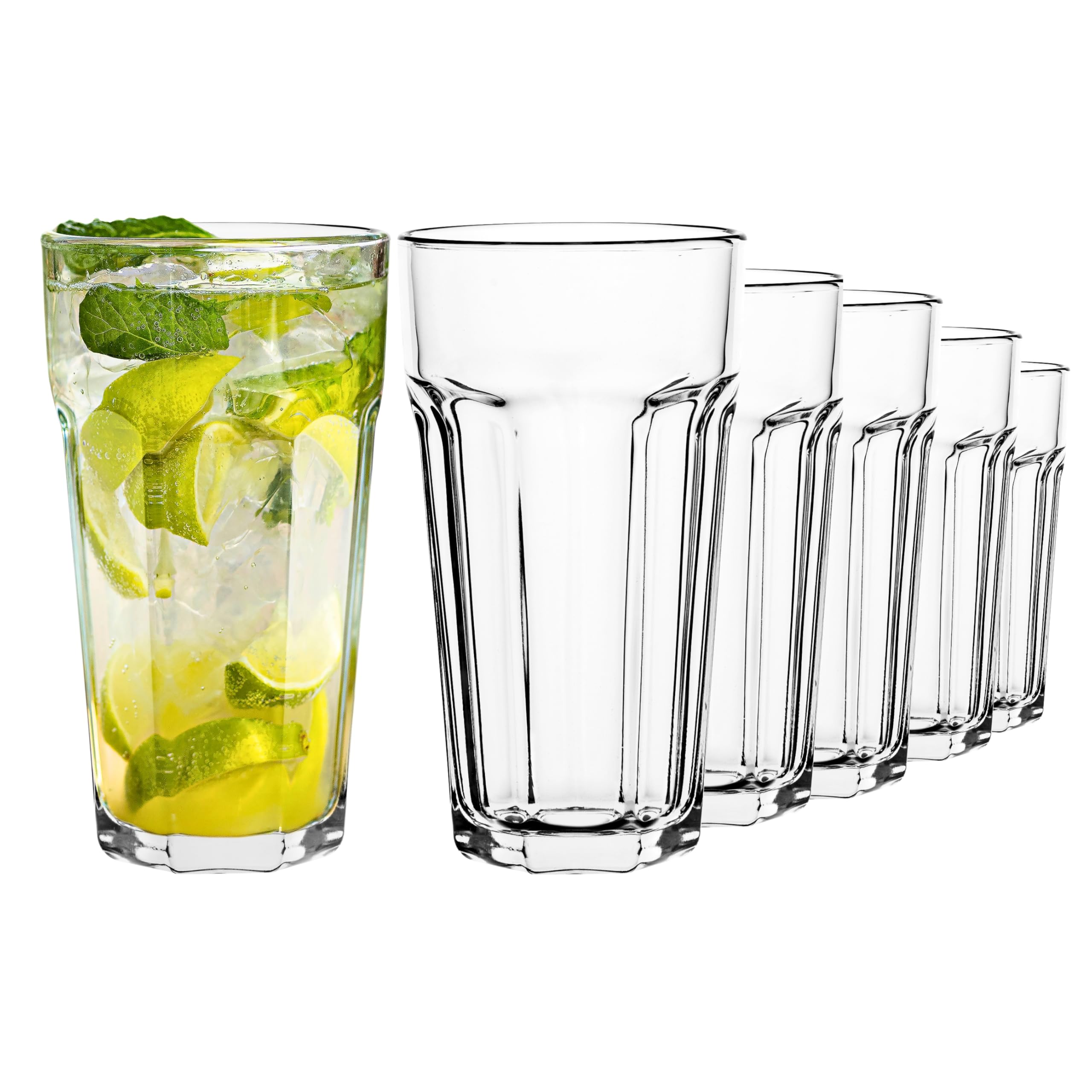 TREND FOR HOME Cocktailgläser XXL Caipirinha Highball 630 ml 6er-Set Retro Trinkglas Longdrink Wasser Saft Eiskaffee Kalk-Natron-Glas Bleifrei Spülmaschinenfest Kollektion Alva Transparent Klar