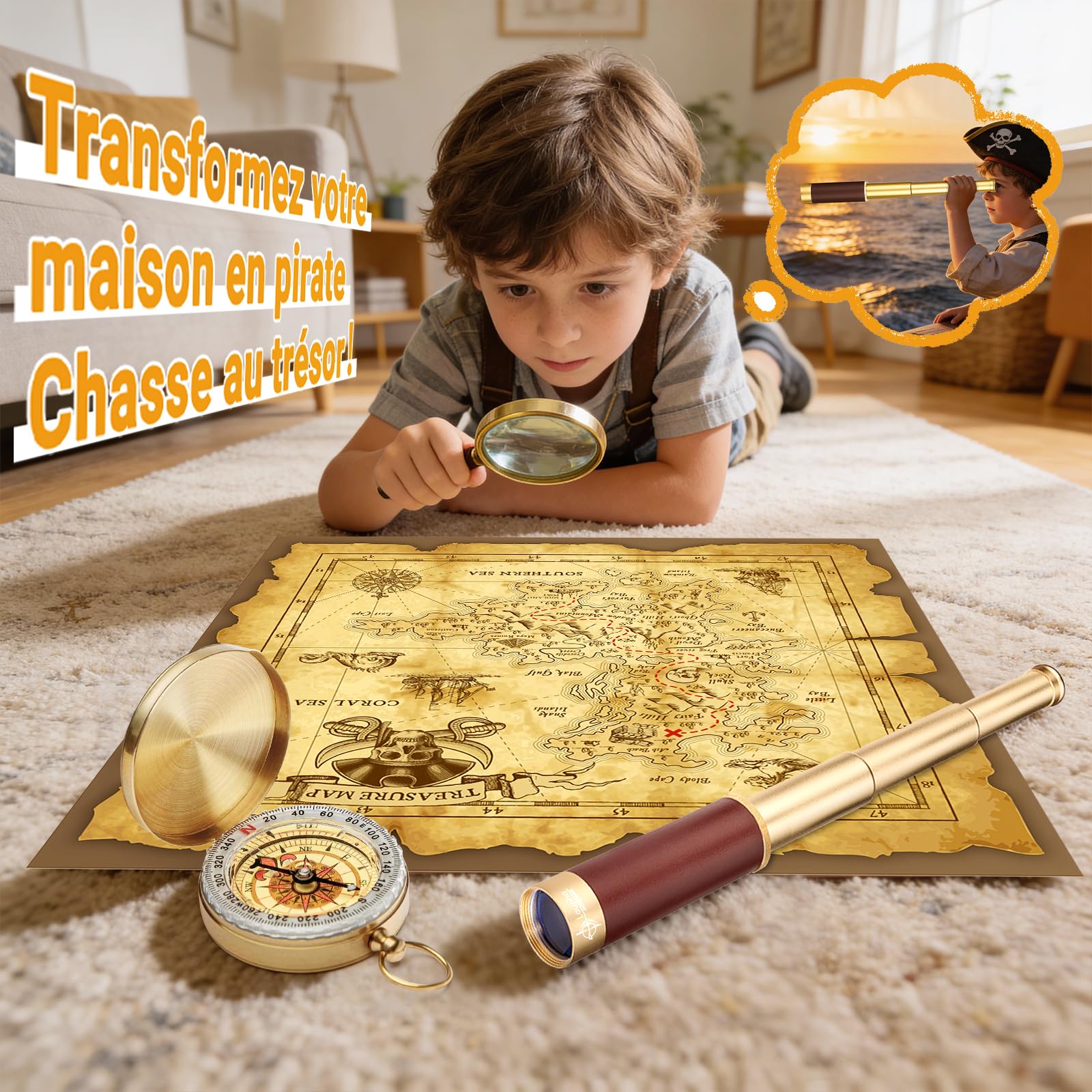 Télescope Pirate Rétro Monoculaire Zoomable avec Carte au Trésor 25x30 Vintage Longue Vue Enfant Lentille BAK-4 Imperméable Mini Télescope avec Boussole pour Camping Observation des Oiseaux