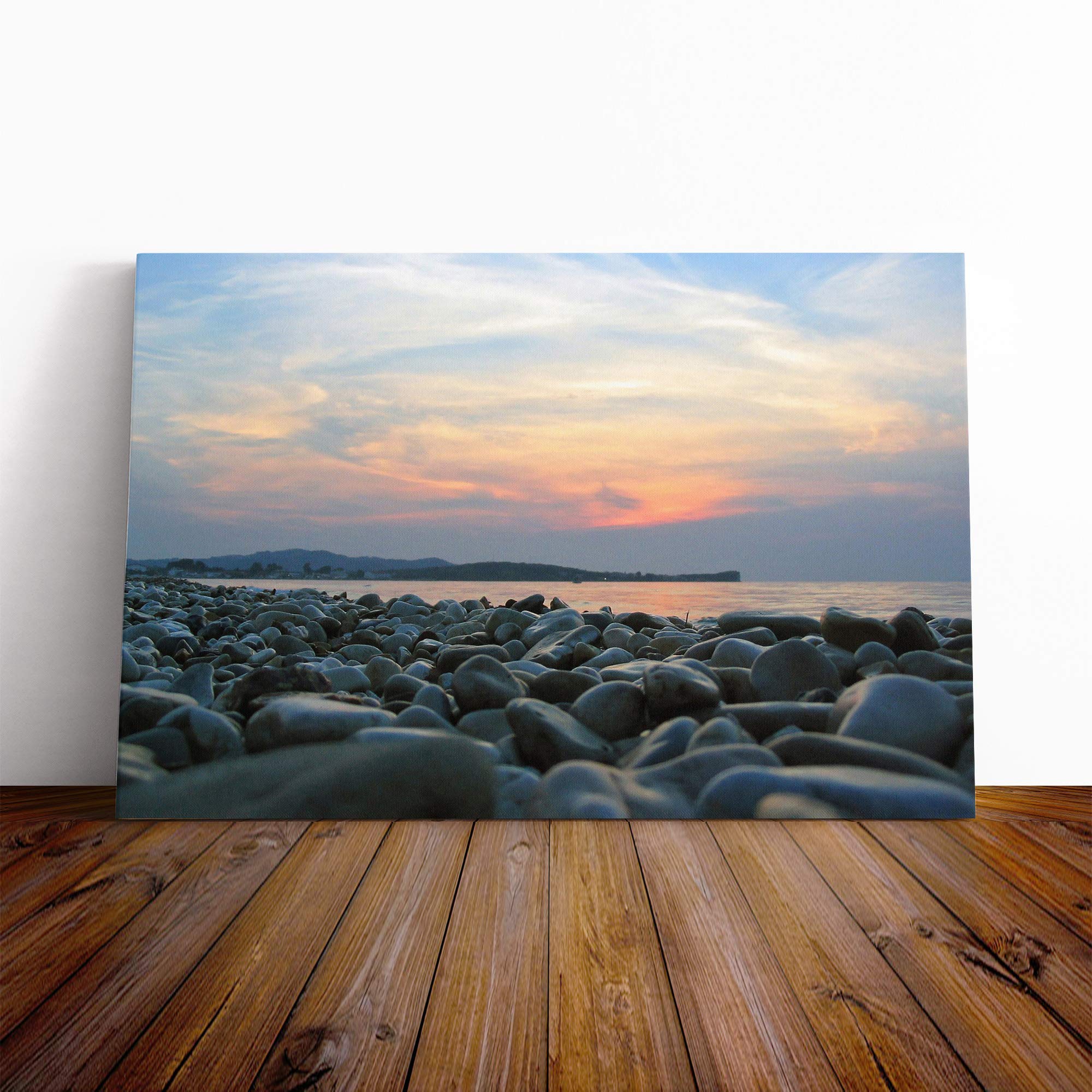Seascape Pebbles and Sea Beach Canvas Print | Gallery Wrapped 30mm Frame Wall Art | 24x16 inches | Ready to Hang | Modern Seascape Picture | Living Room Bedroom Lounge Office