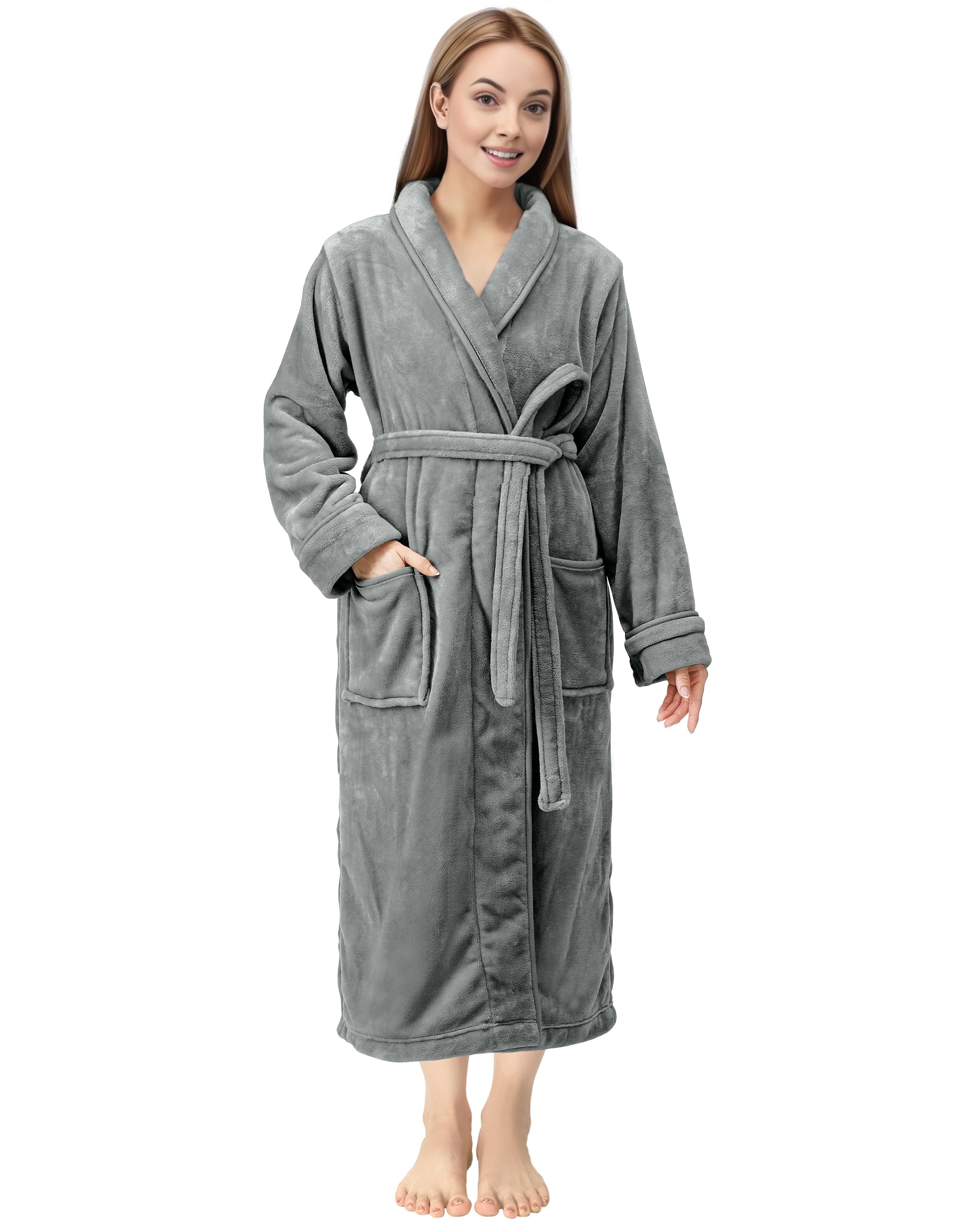 ny threads premium womens robe, plush fleece long bath robe for women, fluffy soft women's bathrobe, small, steel grey