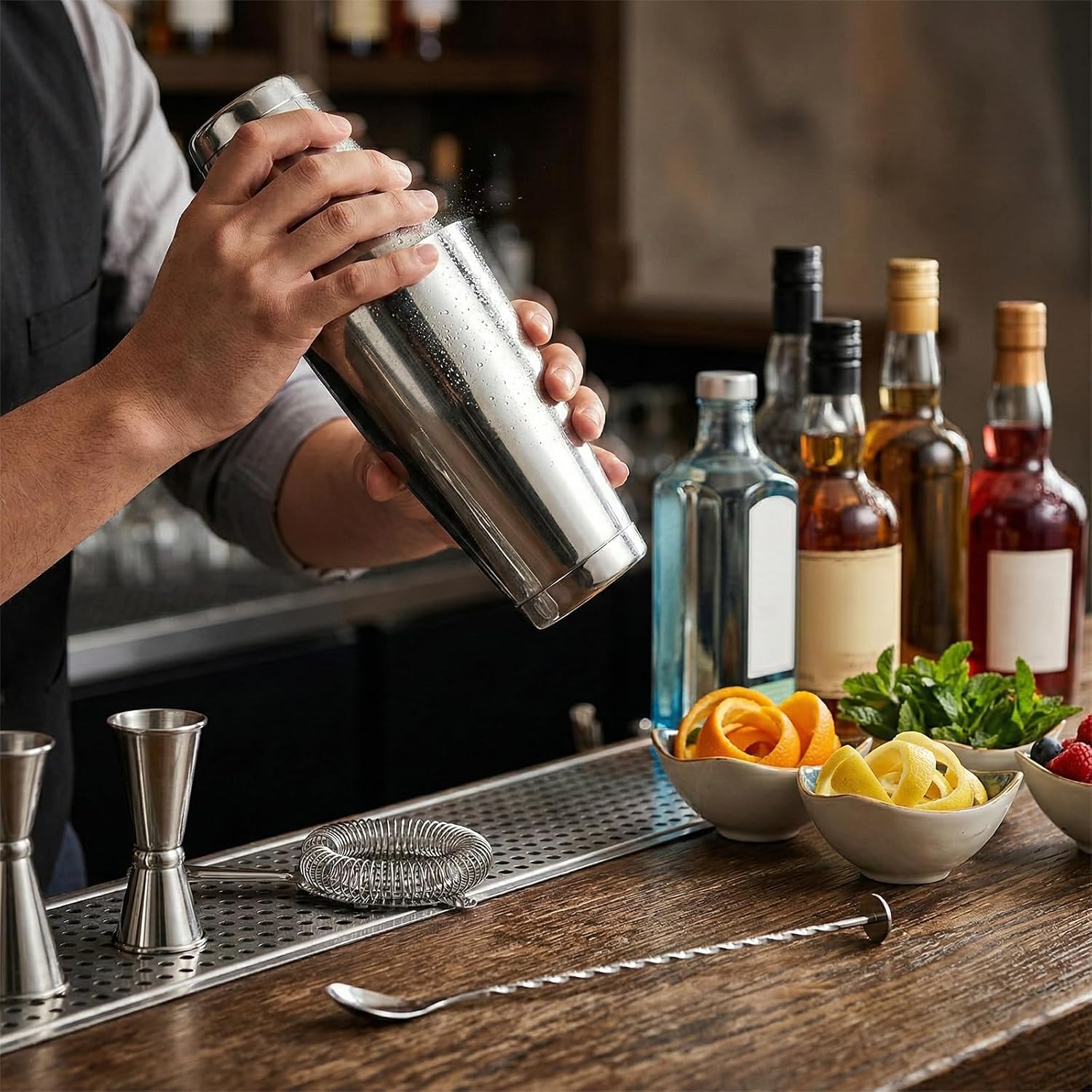 15 Pcs Cocktail Shaker Set, Silver Professional Bartender Kit Stainless Steel Drink Shaker for Mixing Martini and Craft Cocktails