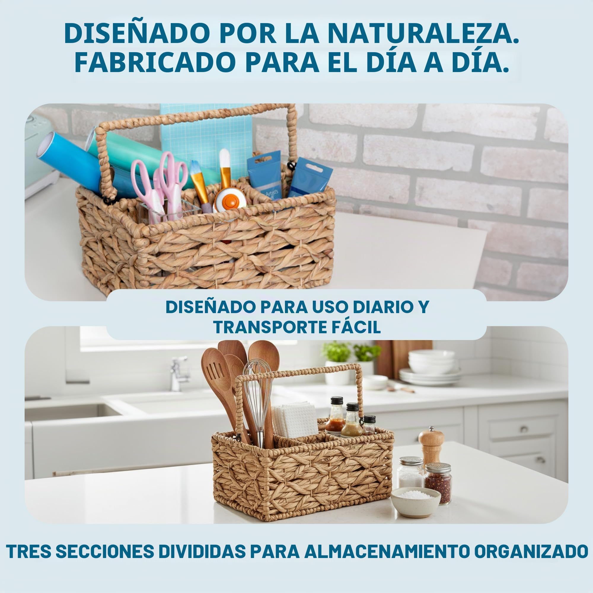 Honey-Can-Do - Cesta de mimbre multiusos de 3 compartimentos con asa, natural mediana, STO-09844