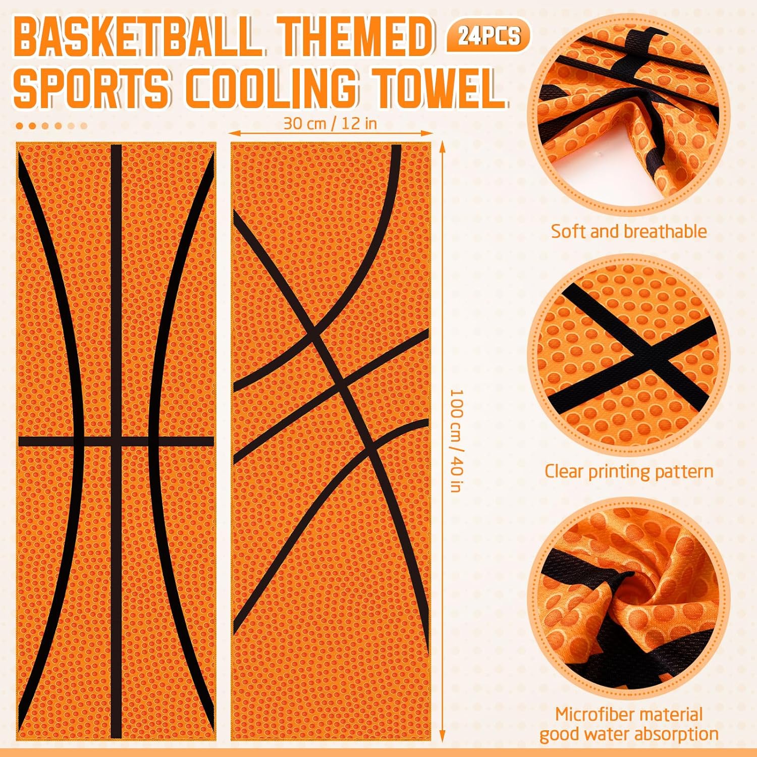 24 Pcs Sports Cooling Towels Baseball Basketball Softball 40 x 12 Inch Breathable Soccer Football Volleyball Microfiber Ice Towel Fast Drying for Sport Party Favors Team Gift(Orange,Basketball)