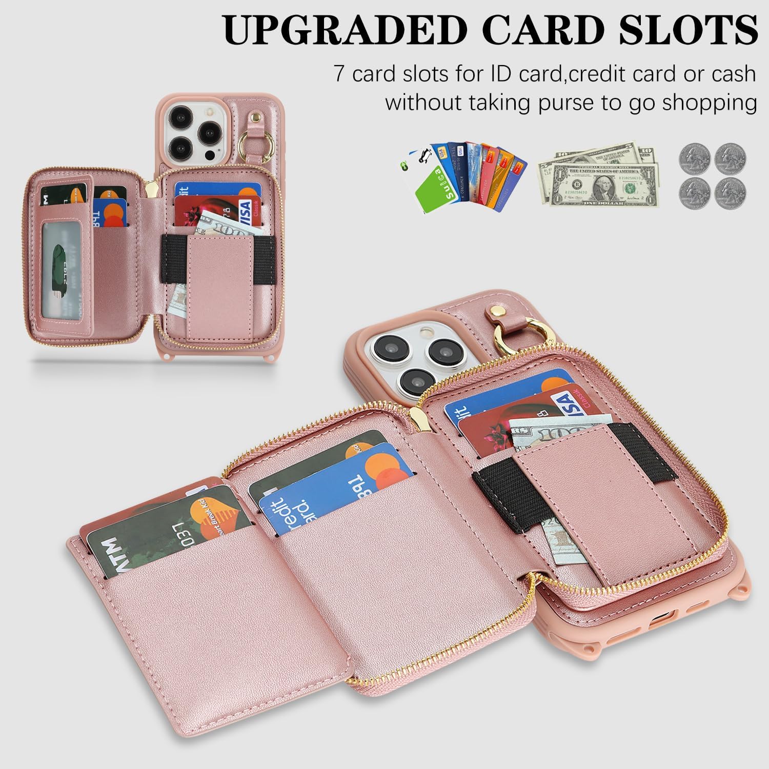 Cavor for iPhone 15 Pro Max Wallet Case with Card Holder for Women Men, for iPhone 15 Pro Max Case with Strap, Crossbody Lanyard Phone Case, Magnetic Detachable Compatible with Magsafe-Rose Gold