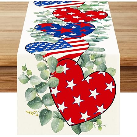 Patriotic Eucalyptus Leaves Table Runner 4th of July Heart Stars Memorial Day Independence Day Kitchen Dining Table Decor for Spring Summer Indoor Outdoor Home Party Decoration 13 x 72 Inch