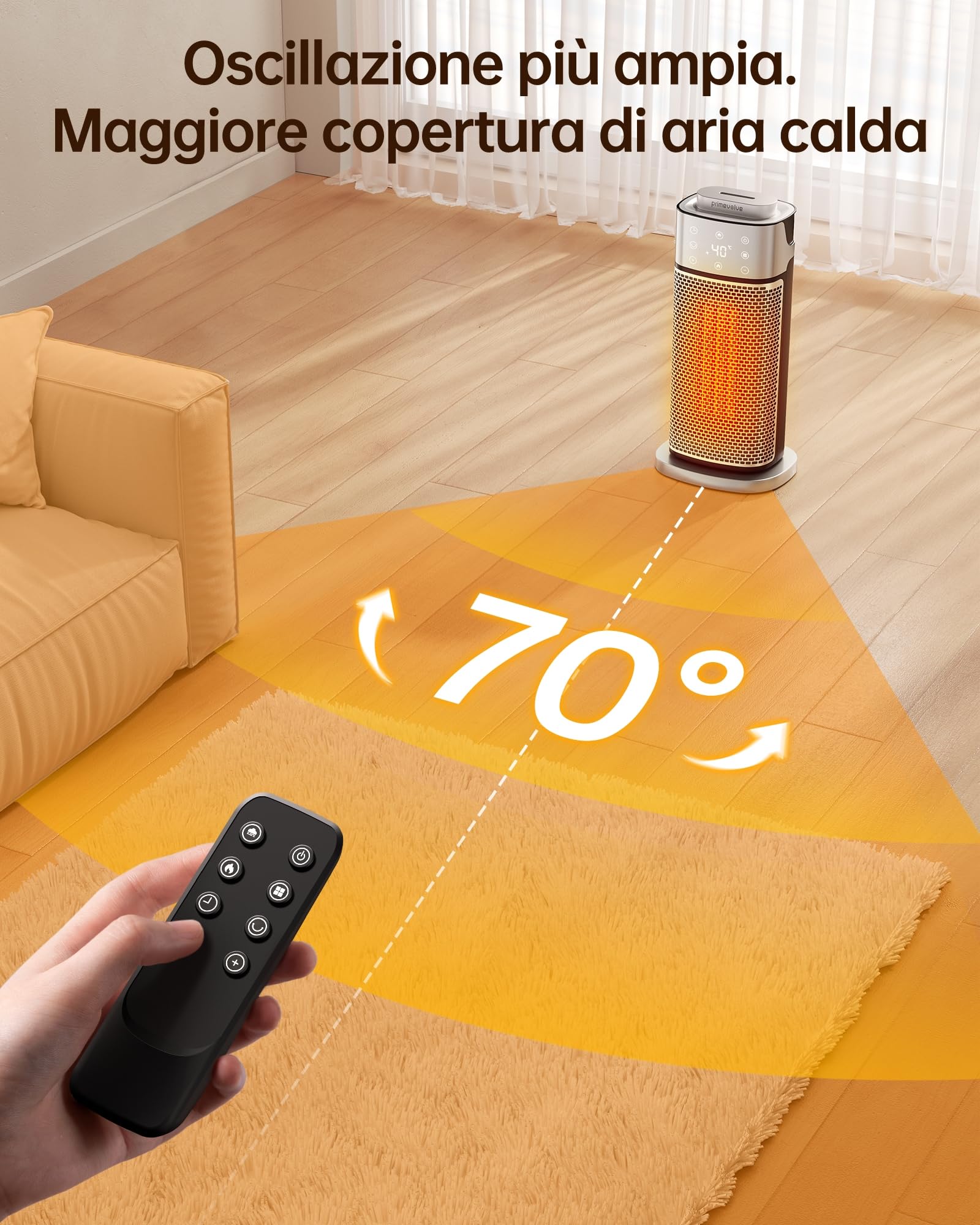 Primevolve Stufetta Elettrica con Umidificatore Funzione, 2000W Termoventilatore Ceramico a Basso Consumo, Termostato Ambiente Silenzioso con Telecomando, Timer, 70°Oscillazione, 3 Modalità Per Camere