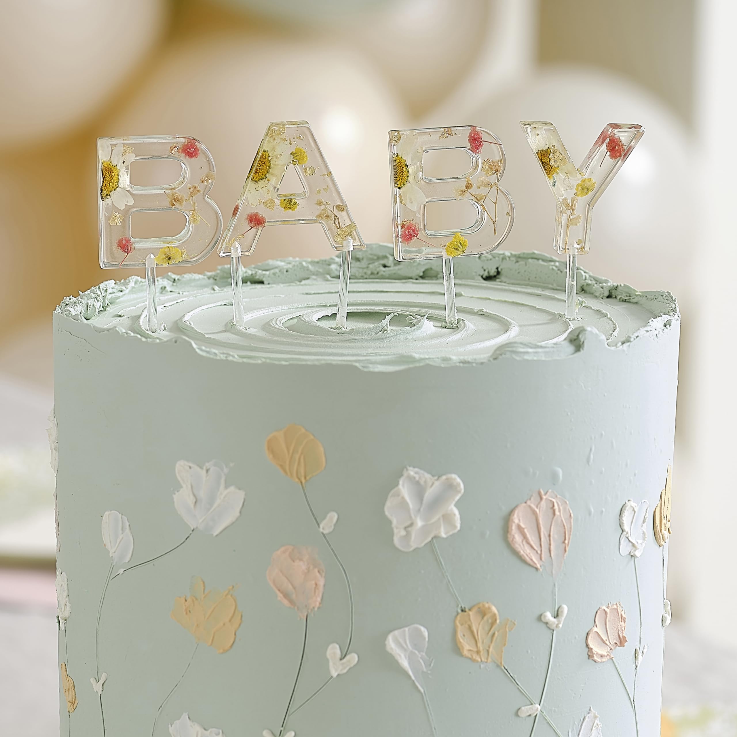 Ginger Ray Resin Pressed Flowers 'Baby' Cake Topper Baby Shower Cupcake Topper Decorations 4 Pieces, Pastel, 18.5 cm x 16 cm - Image 2
