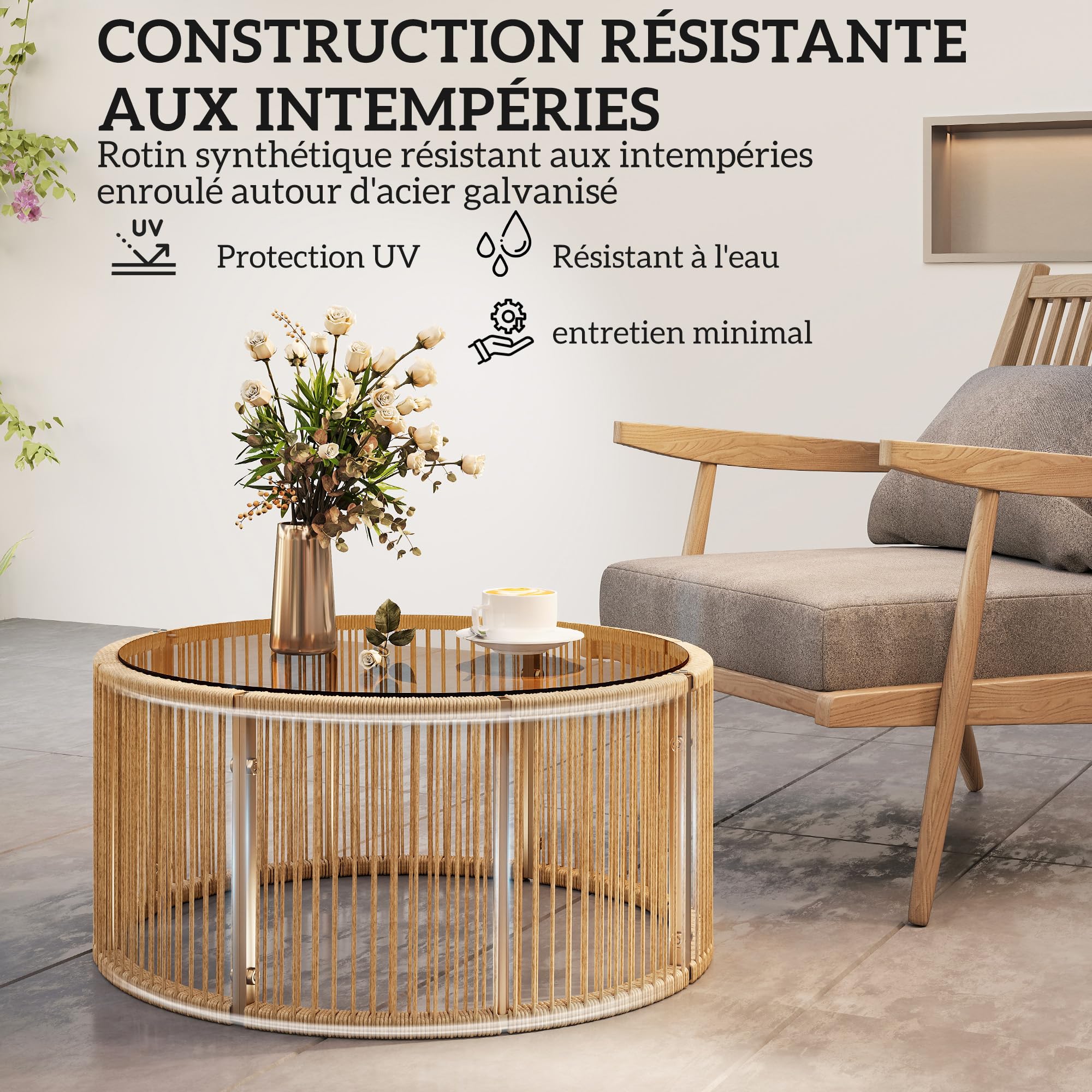 Outsunny Table Basse de Jardin Ronde en Résine Tressée, Table d'Appoint avec Plateau en Verre Trempé et Cadre en Acier Galvanisé, 70x70x33cm, Marron