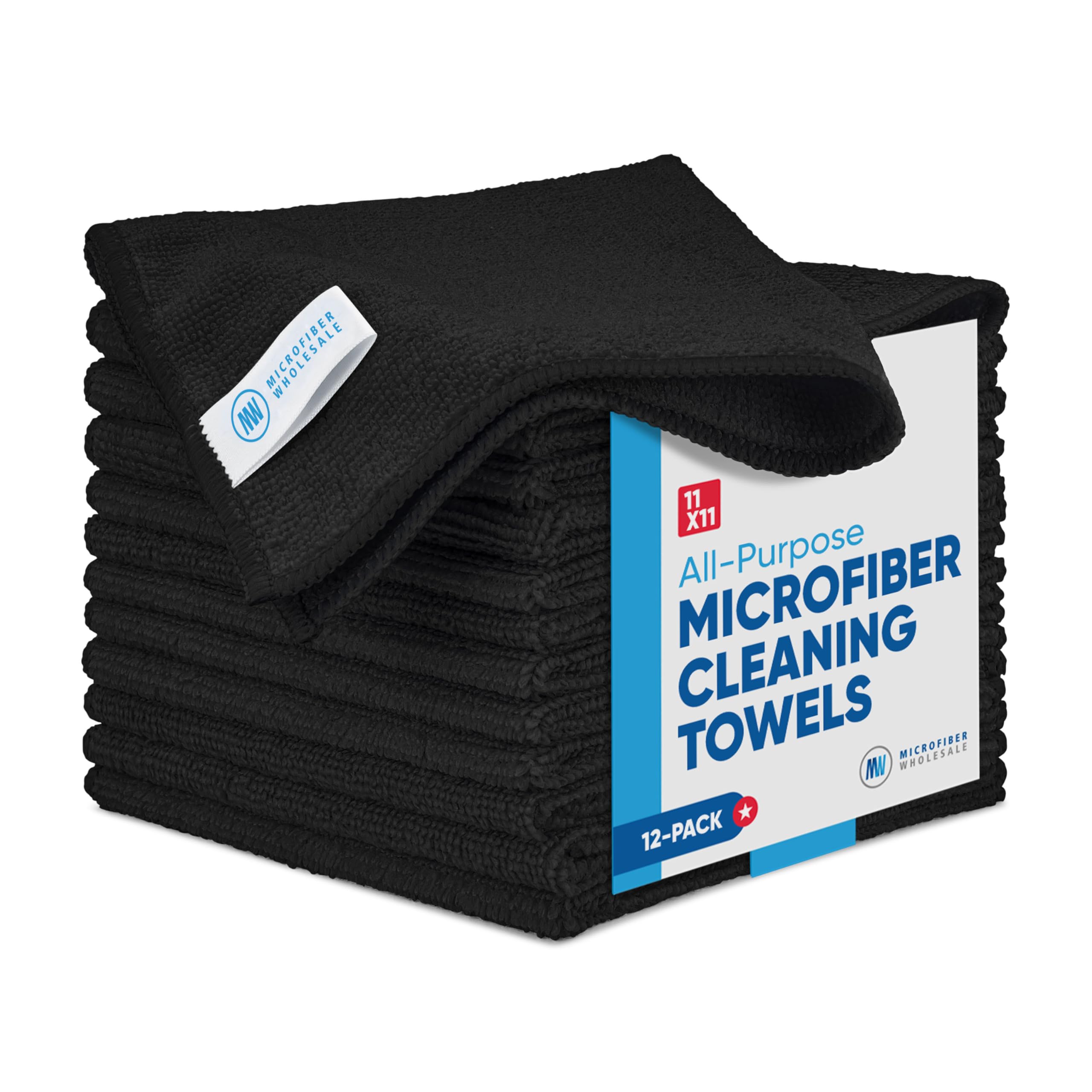 Paños de limpieza de microfibra (paquete de 12) – Toallas reutilizables de 11 x 11 pulgadas, trapos de lavado, paño de polvo, multiusos: cocina, plato, autos, tienda, vidrio (negro)