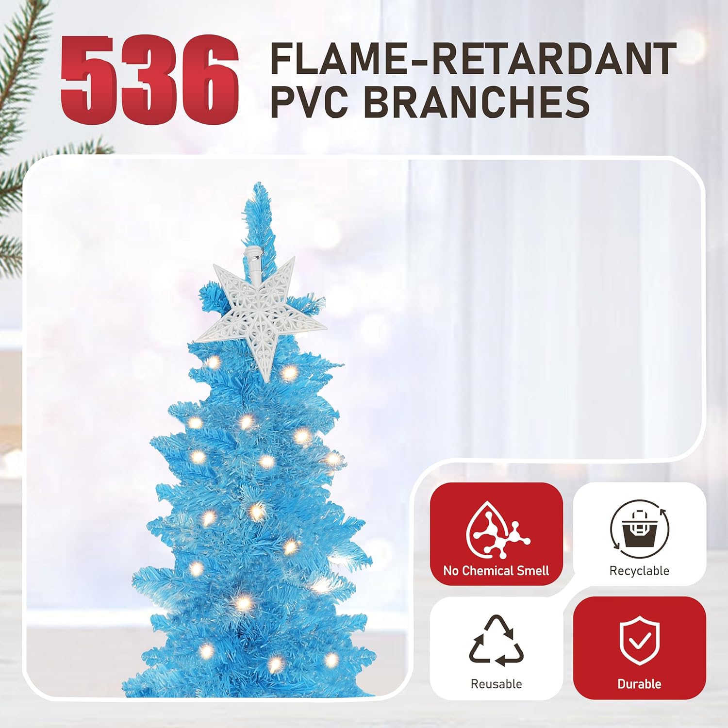 Yardenaler 6 FT Christmas Tree, Bendable Artificial Whimsical Christmas Tree with 200 LED Lights, Pre-lit Pencil Xmas Tree with 536 PVC Branches & Metal Stand for Holiday, Home, Party, Blue