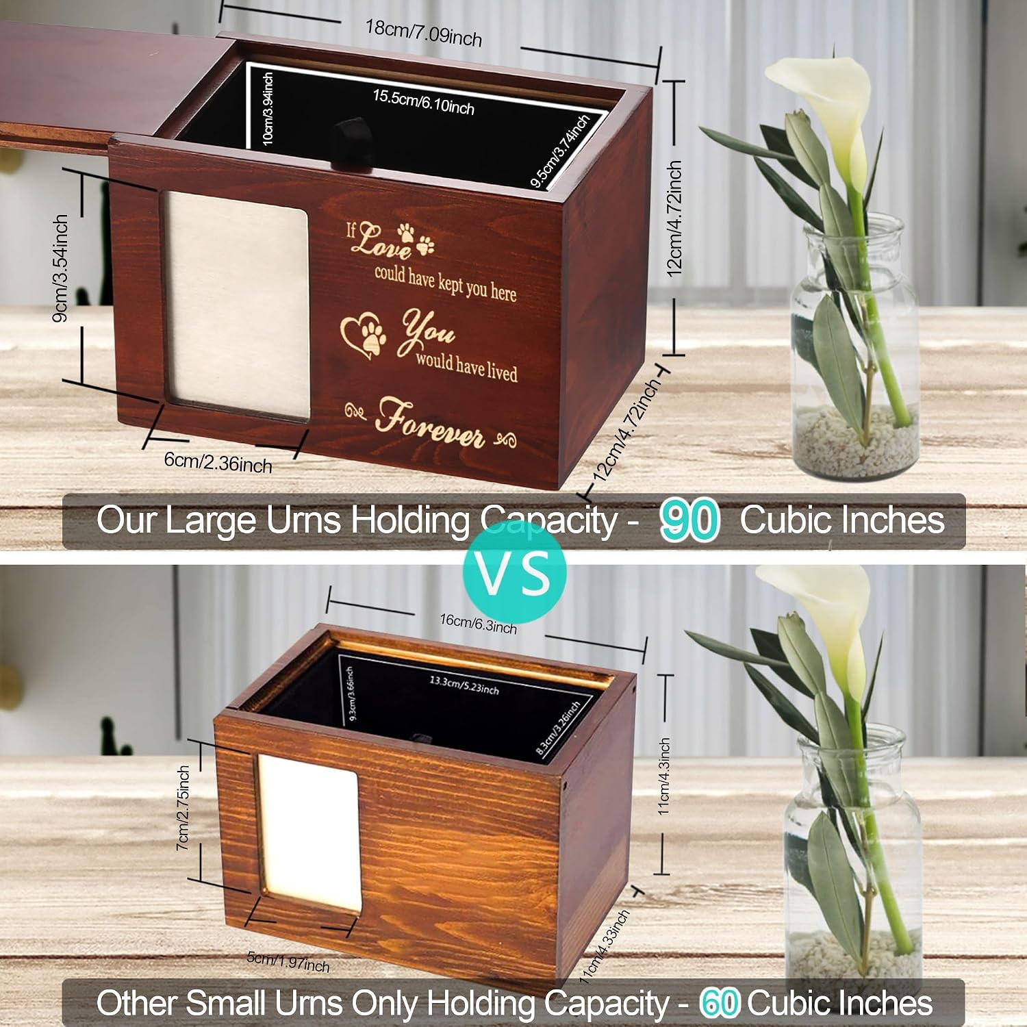 DGDCDV Pet Memorial Urns for Dog or Cat Ashes, Large Wooden Funeral Cremation Urns with Photo Frame, Memorial Keepsake Memory Box with Black Flannel as Lining, Loss Pet Memorial Remembrance Gift