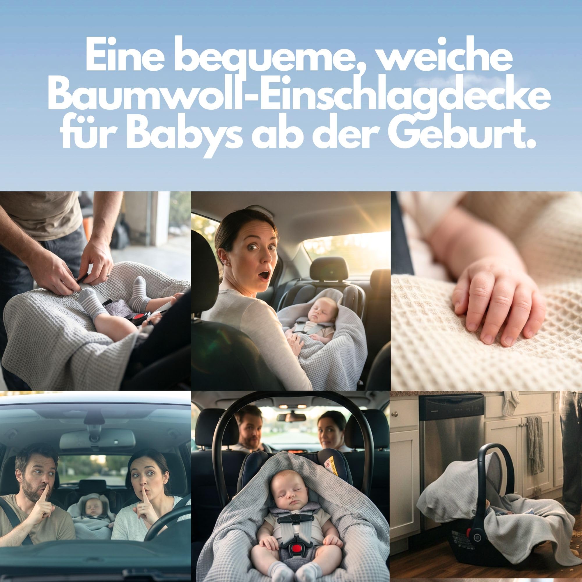 Einschlagdecke Babyschale Sommer für Maxi Cosi & Kinderwagen, 100% Baumwolle | mit Kapuze & Klettverschluss, atmungsaktiv, ohne Füllung | Babydecke 80x80 cm, 0-6 Monate, Öko-Tex (Grau)