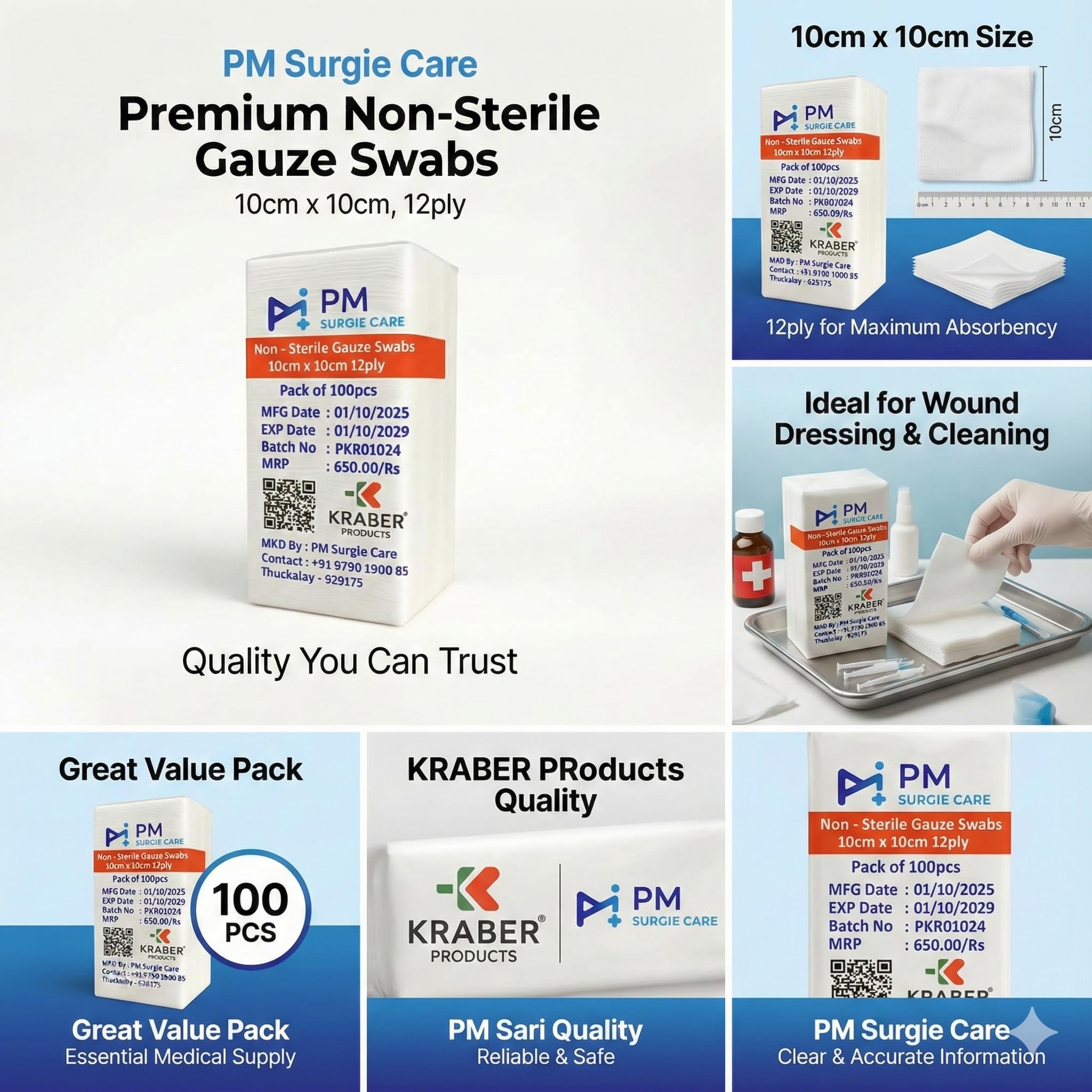 Absorbent Gauze Swabs 7.5 × 7.5 cm – Non-Sterile Cotton Gauze Pads, 12-Ply, High Absorbency Wound Dressing for First Aid & Medical Use (Pack of 100)(1) — Amazon image 6