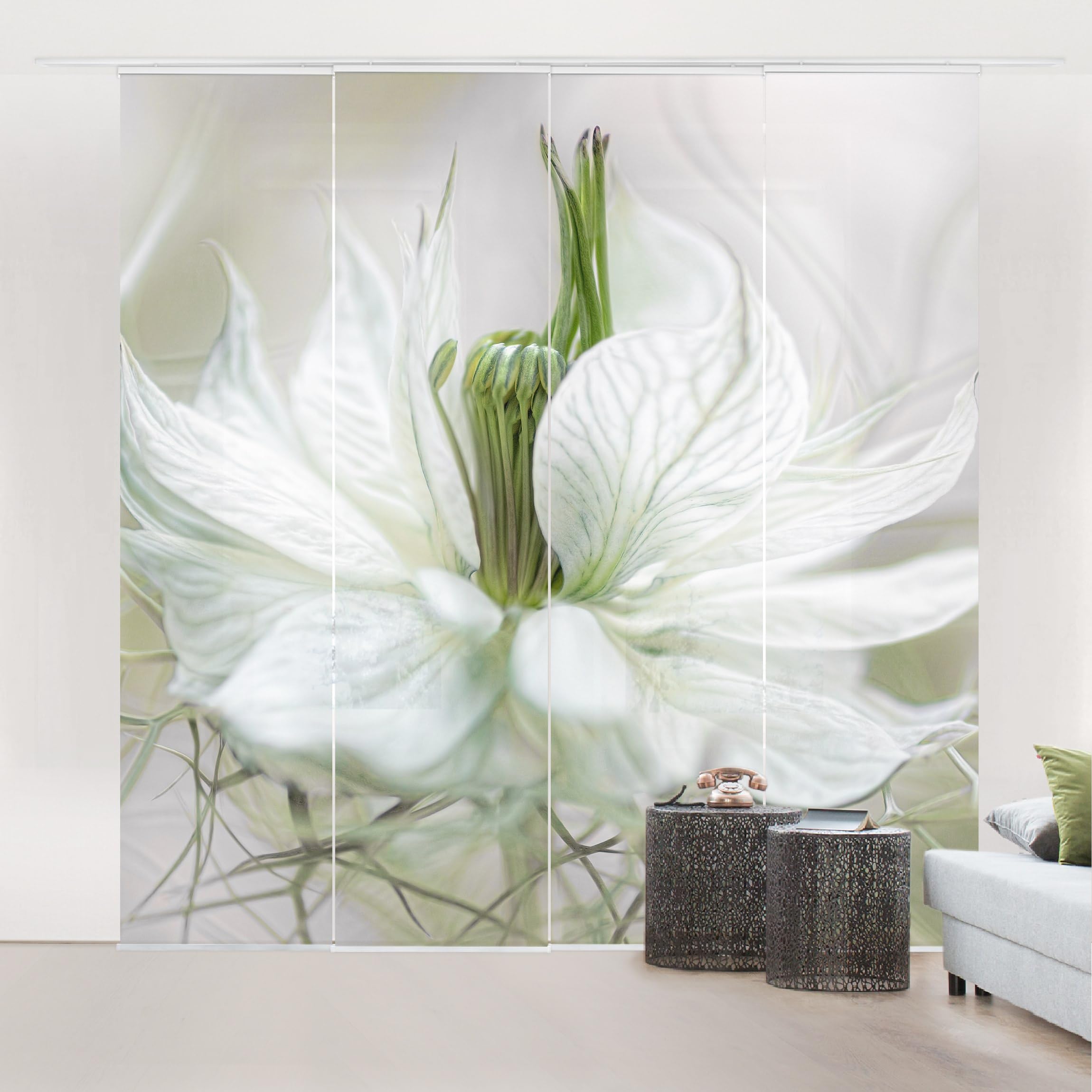 Schiebegardine halbtransparent 60er Paneel Klett Blumen Textil lichtdurchlässig - Motiv Modern Flächenvorhang Weiss Wohnzimmer Schlafzimmer 1758 (240x250 cm - 4er Set)