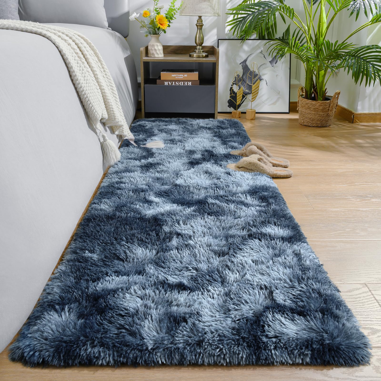 AROGAN Shag Carpets 2x8 Rug for Hallway, Washable Rugs Runners with Memory Foam for Bedroom, Entryway Indoor Fluffy Throw Rug for Beside Kids Girls Nursery Dorm, Blue and Grey — image 1