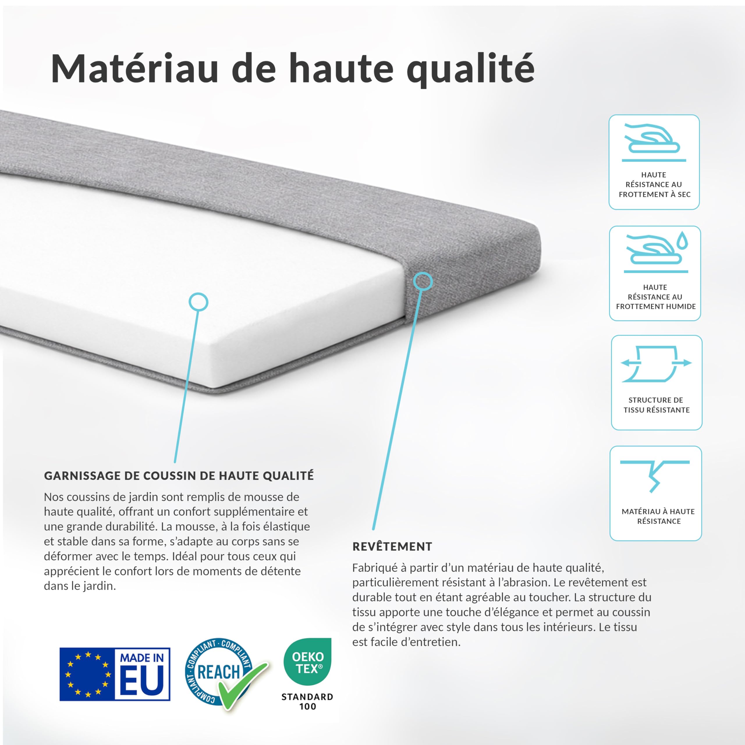 POKAR Coussin de Banc 150x50 cm | Housse Amovible et Liens Antidérapants | Galette d'Assise pour Banc de Jardin, Balancelle et Chaise | Intérieur et Extérieur | Oeko-TEX | Fabriqué en UE | Beige