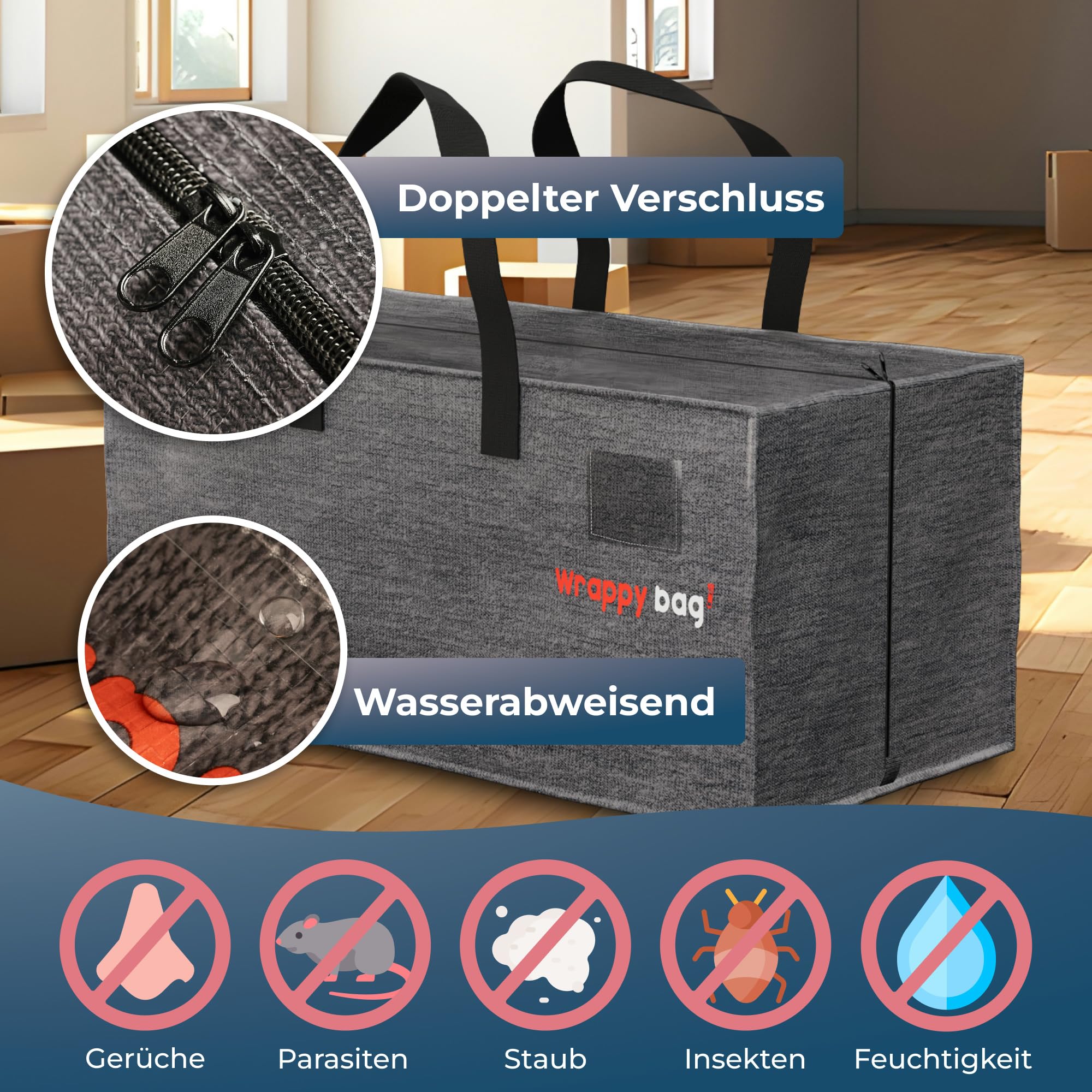 WRAPPYBAG 4er-Set Kunststoff Aufbewahrungstasche – Jumbo XXL Tasche Groß – Wasserabweisend, Stabil, mit Verstärkten Rucksackgurten – Ideal für Kleidung und Bettwäsche – 76 x 36 x 38 cm