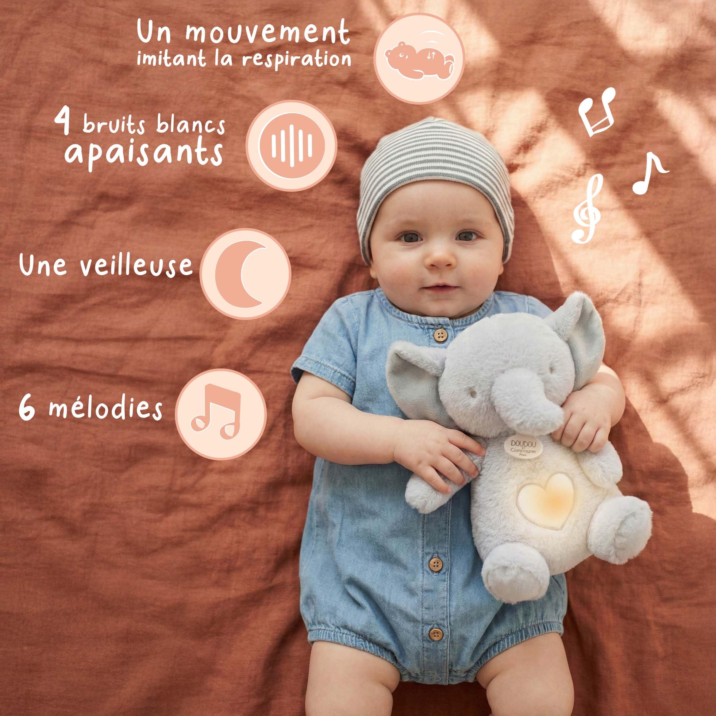 Doudou et Compagnie - Atmungsaktives Plüschtier Elefant Atmen - 28 cm - Plüschtier mit Musik, beleuchtet mit Atmungsbewegung - Nachtlicht und weiße Geräusche - Geschenkidee zur Geburt - DC4683