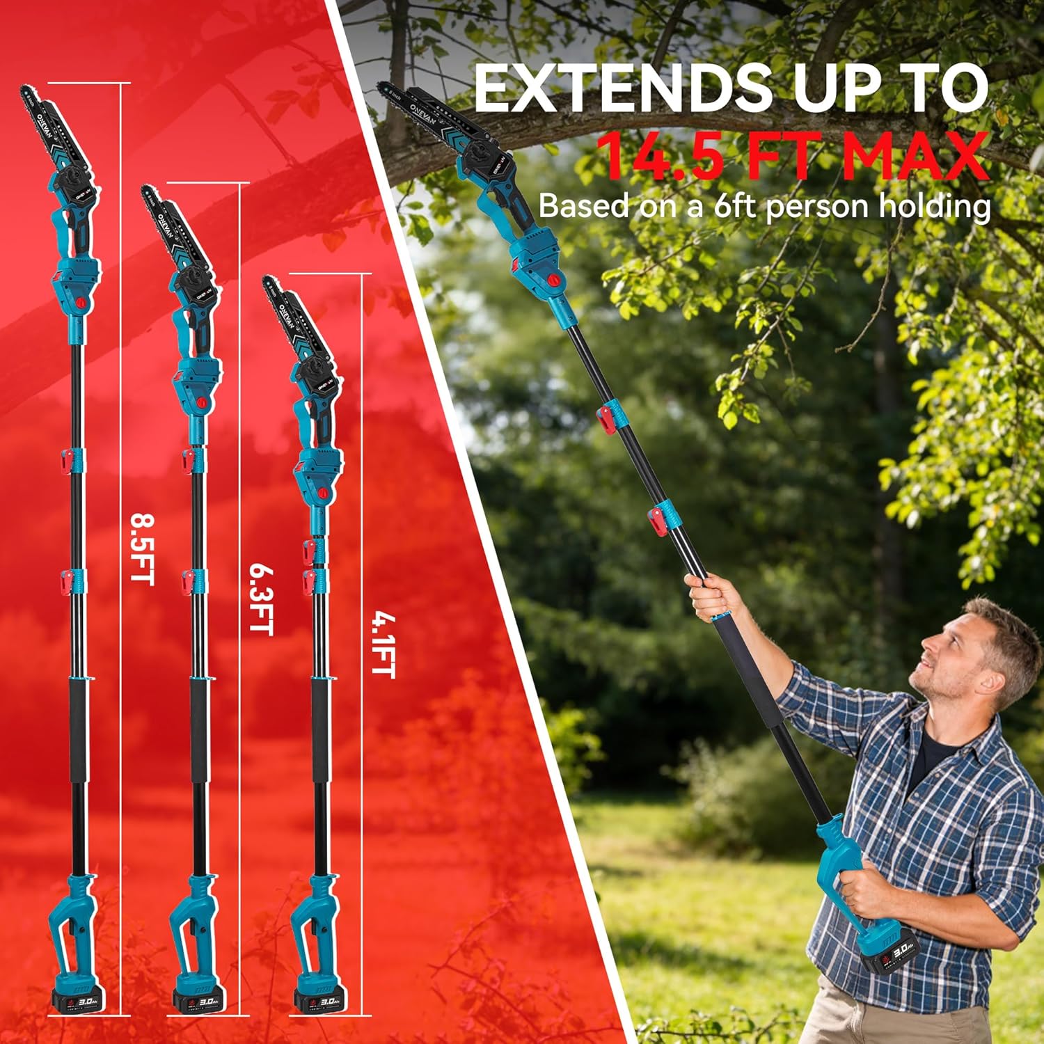 6-in-1 Cordless Pole Saw & Hedge Trimmer, Electric Chainsaw with 2×3.0 Ah Batteries, Pole Saws for Tree Trimming, Bush Trimmer Branch Cutter, Grass Shears, 14Ft Long Reach