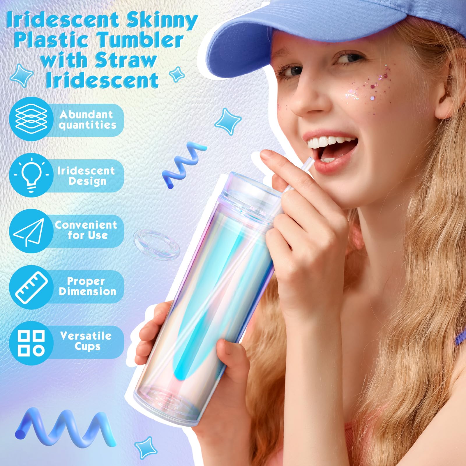 Tujoe Confezione da 6 bicchieri in plastica iridescente con cannuccia iridescente, tazza da caffè isolata con coperchio e cannucce, per addio al nubilato, discoteca, compleanno, matrimonio