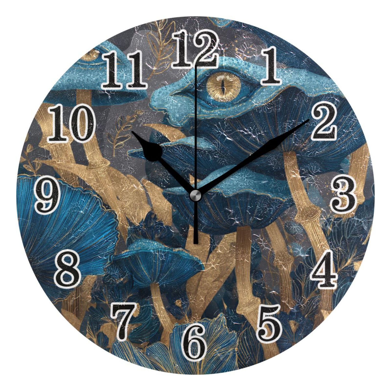 Horloge murale moderne silencieuse 25cm motif champignon automne bleu pour maison