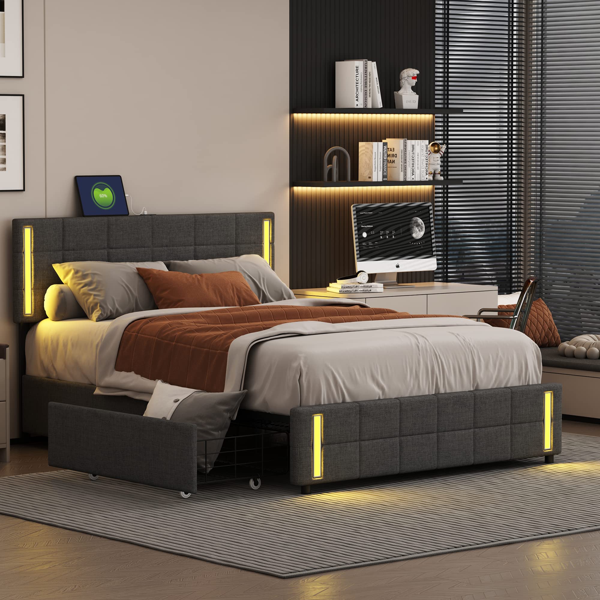 PAUKIN Queen Size Bed Frame with 4 Drawers, Led Lights and USB Charging Port. Easy to Assemble, No Springs to Install. Ideal for Homes with Modern, Industrial and Rustic Decor. (Dark gray)