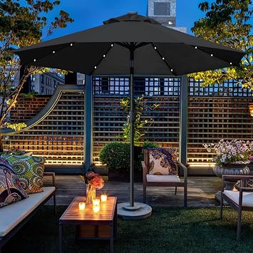 Sunnyglade 9' Solar LED Patio Umbrella, 8 Ribs, Tilt & Crank (Black)