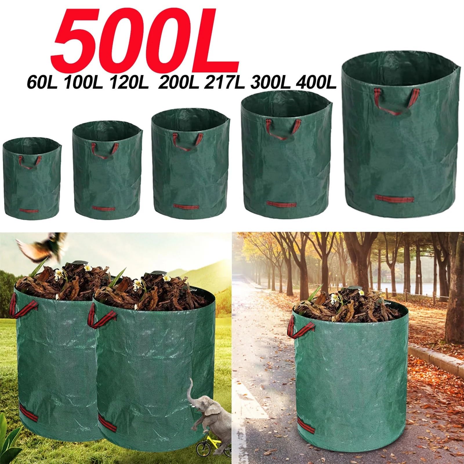 Sacchi per rifiuti riutilizzabili da giardino, Sacchi riutilizzabili pieghevoli for rifiuti da giardino 60L-500L(400l)