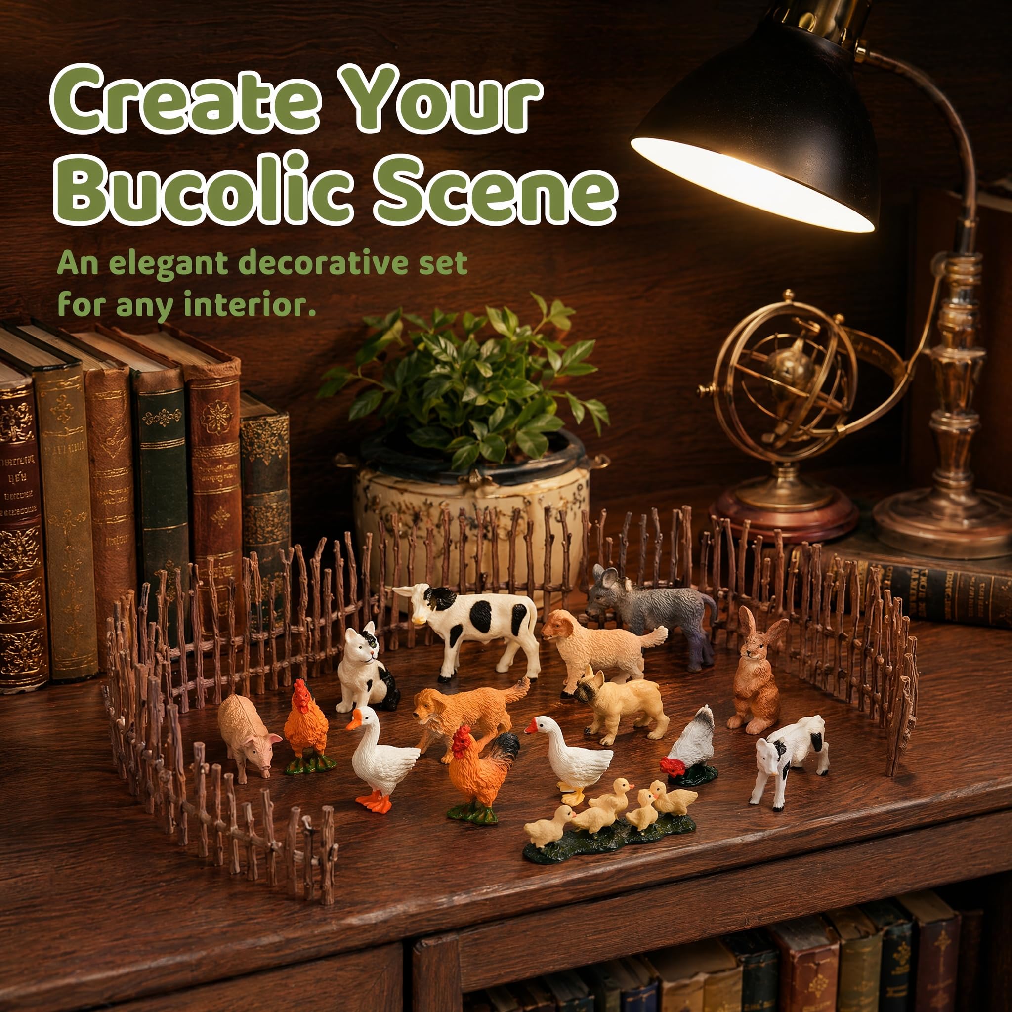 LANSKYLAN 13 Figurines Animaux Ferme + 12 Clôtures – Plastique Réaliste, Vache, Mouton, Poule, Chien, Chat – Déco, Fête, Éducatif