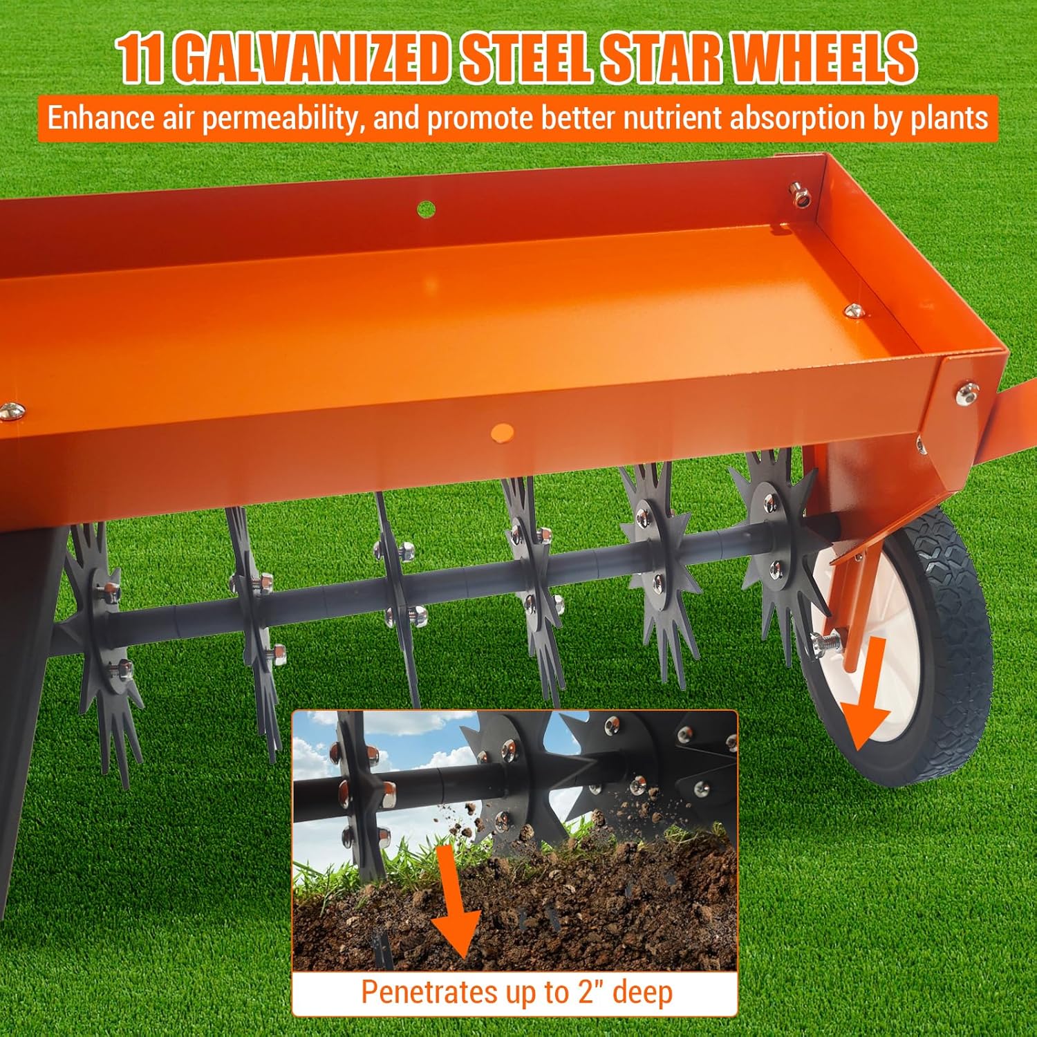 Tow Behind Aerator, 40" Tow Behind Spik Aerator with Transport Wheels, Steel Teeth, Tray, Pull Behind Aerator with Adjustable Handle for Farm, Lawn, Garden, Orange