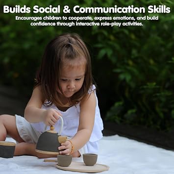 PlanToys Wooden Classic Tea Set for Montessori Inspired Pretend Play | Social Interaction, Communication and Imaginative Role Play | Eco Friendly Wooden Tea Time Set for Creative Learning