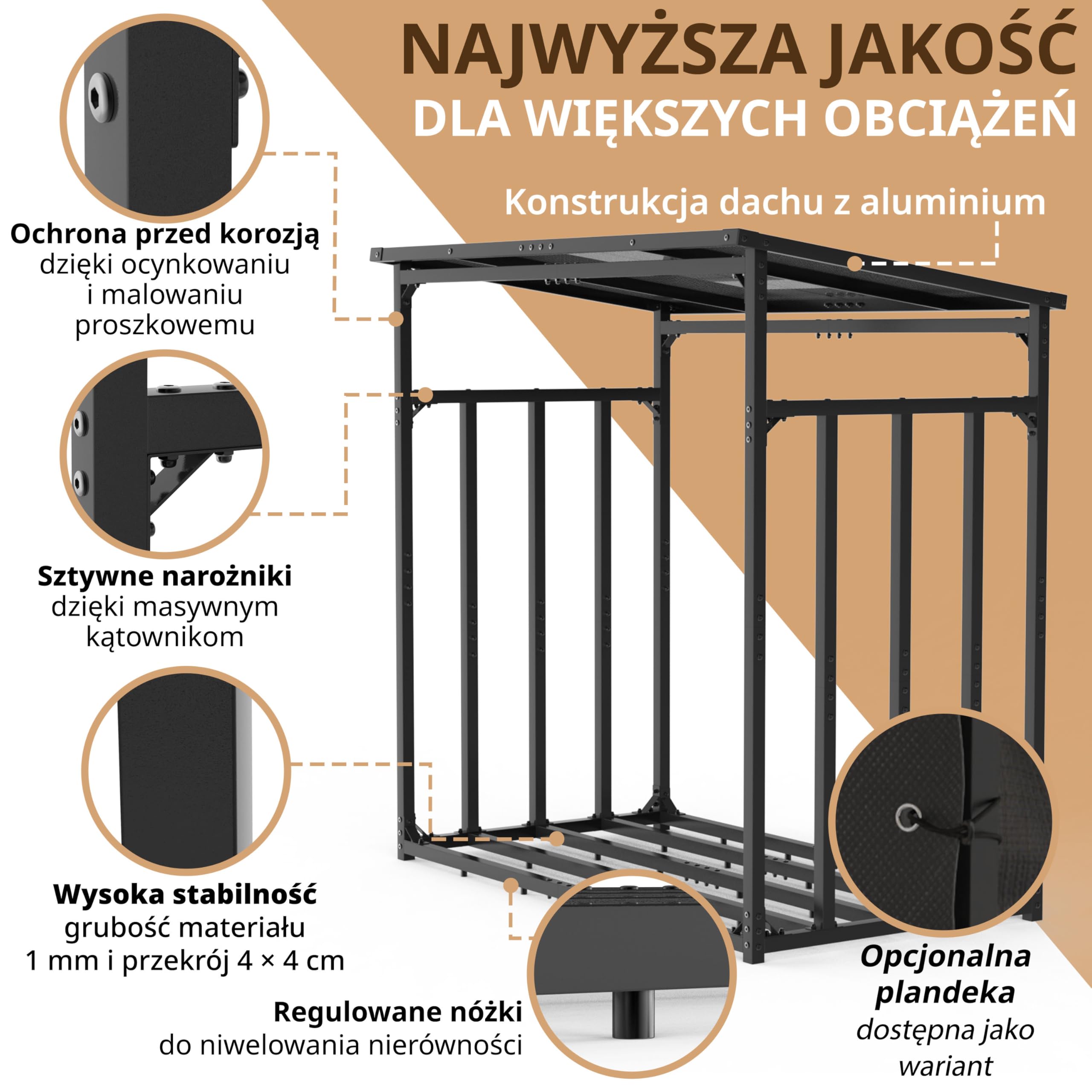 Metalowy regał na drewno opałowe, wymiary zewnętrzne 185 x 105 x 185 cm, ocynkowany 4 x 4 cm, przekrój 3,5 t, z dachem, stabilny drewniany stojak na drewno opałowe, regał