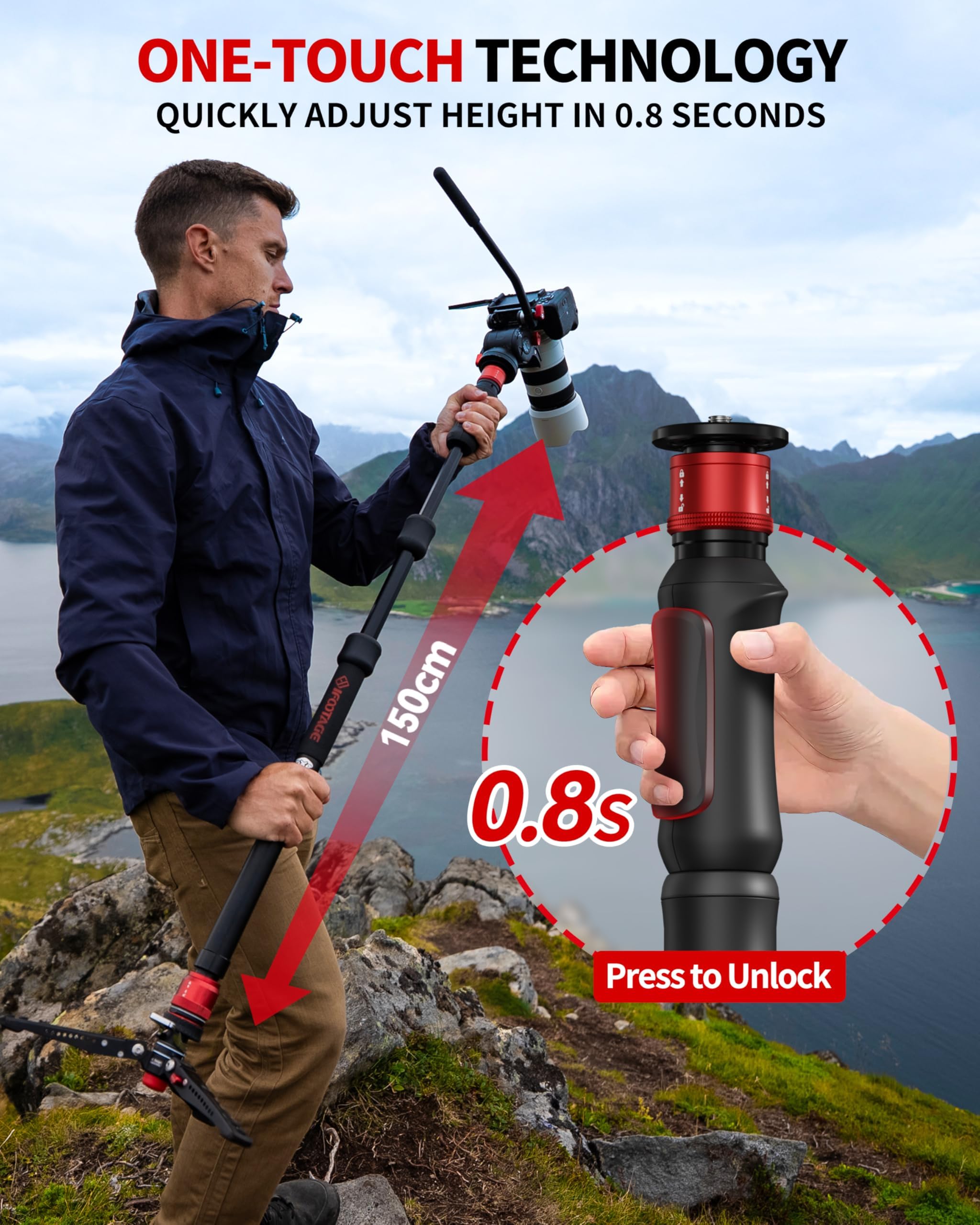 iFootage Monopiede Cobra 3 Strike A150S-, Base di Blocco a Pedale, Regolazione in Altezza in Un Solo Passaggio, Carico Utile Massimo 5 kg, 150 cm