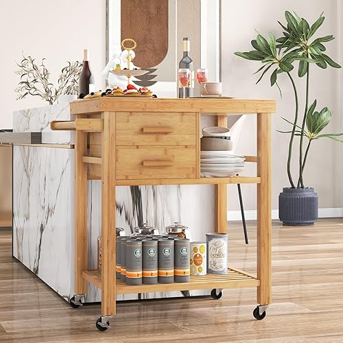 Miniatura 8 de SILKYDRY Isla de cocina, carrito de cocina con ruedas, carrito de cocina de bambú con cajones, estantes, toallero, pequeño carrito de isla de cocina