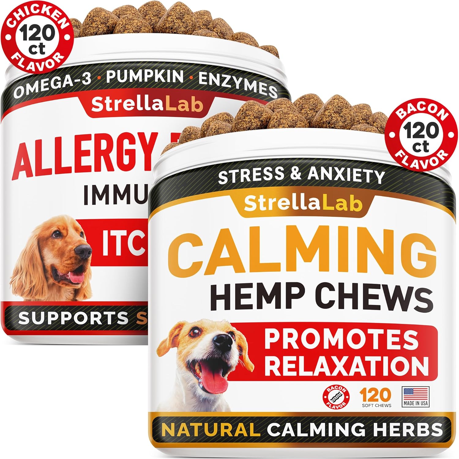 Allergy Relief + Hemp Calming Dogs Bundle - Itchy Skin Treatment + Anxiety Relief - Omega 3 & Pumpkin + Valerian Root, Chamomile - Dogs Itching & Licking + Sleep Calming Aid - 240 Chews - Made in USA