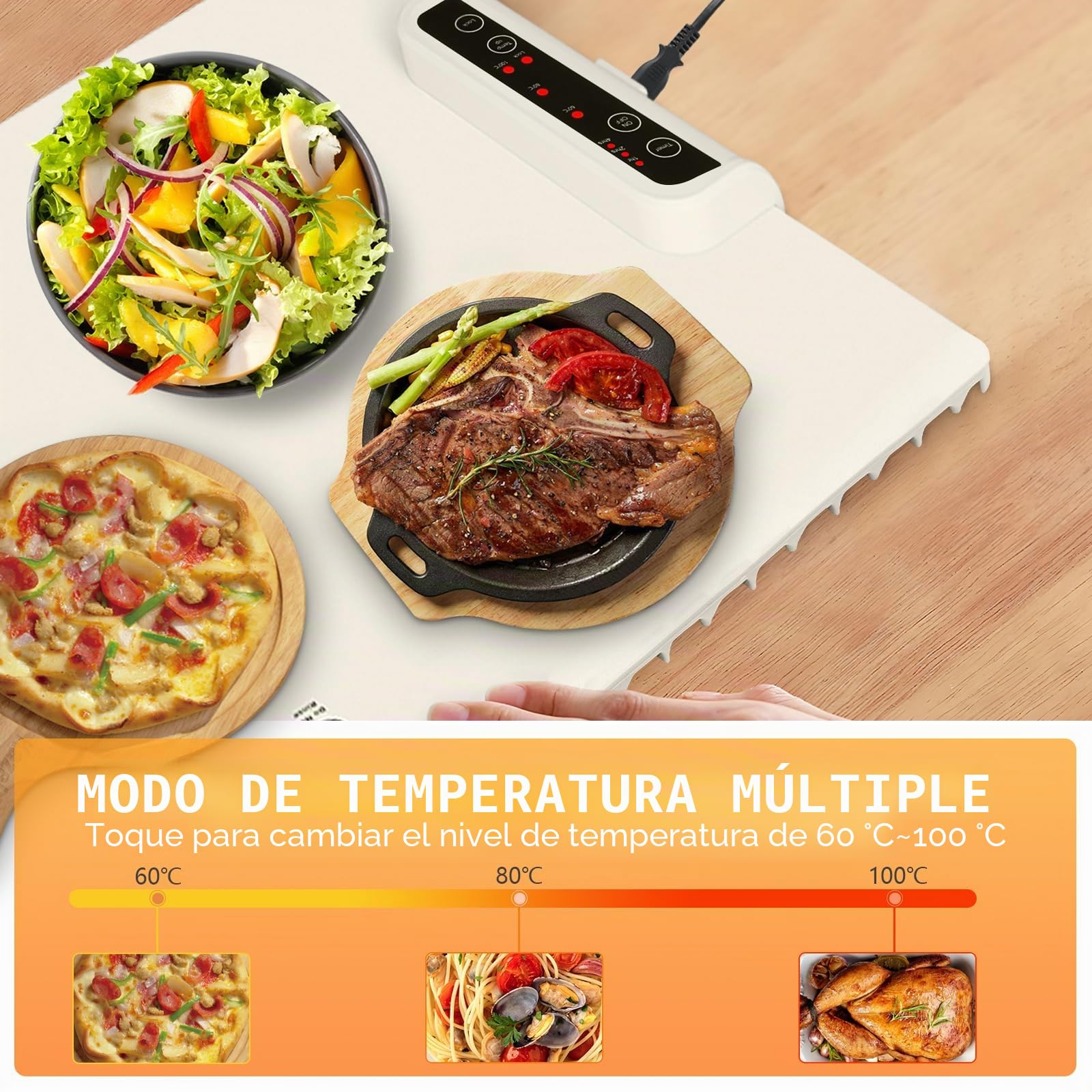 Bandeja de Calentamiento Eléctrico, Calentador Alimentos Portatil Silicona Plegabl Placa Calentadora con 3 Ajustes de Temperatura y Temporizador, para Bufés, Familia, Fiestas, Eventos (Blanco)