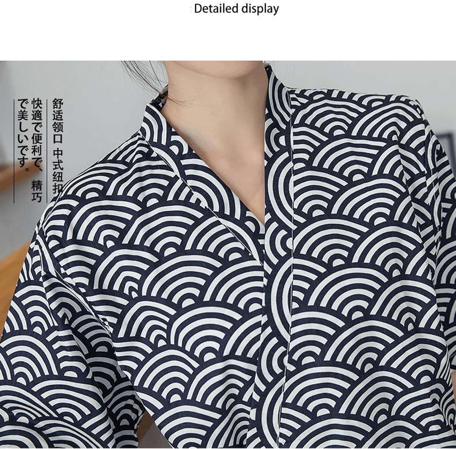 Kimono Japanese Shirt and Pant, Cotton Linen Loungewear Lounge Set Spa Bathrobe, Black Waves - Image 5