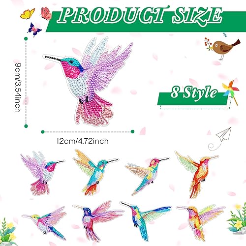 Miniatura 9 de Yeaqee 8 marcapáginas de arte de diamante con diseño de mariposa 5D y colibrí de diamantes con colgante de cristal acrílico, kit de marcapáginas