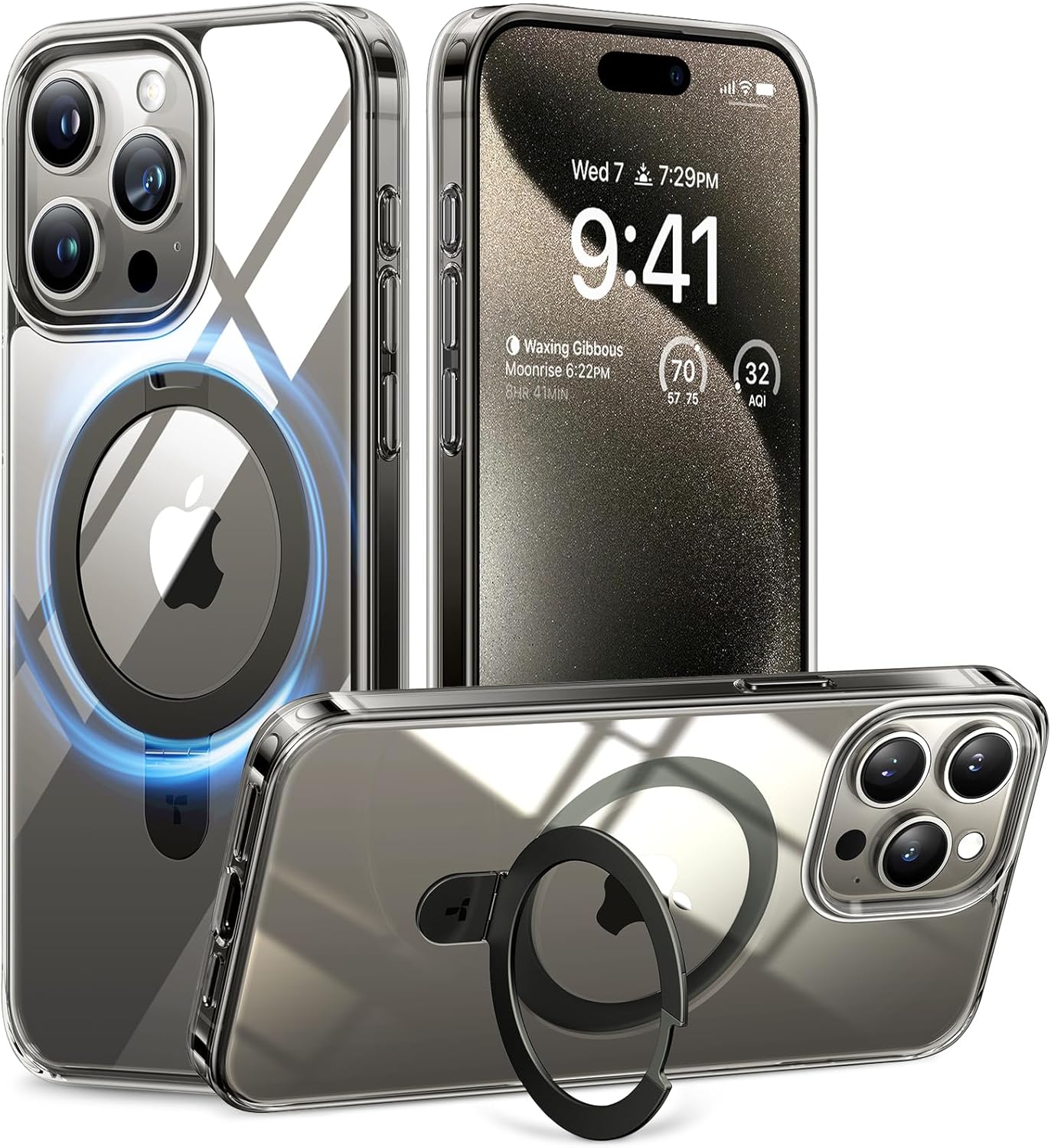 TORRAS Magnetic Ostand for iPhone 15 Pro Max Case, Military Grade Drop Tested, Compatible with MagSafe, Built in Kickstand, Clear Slim Hard Back Soft Edge 6.7 2023, Clear Grey