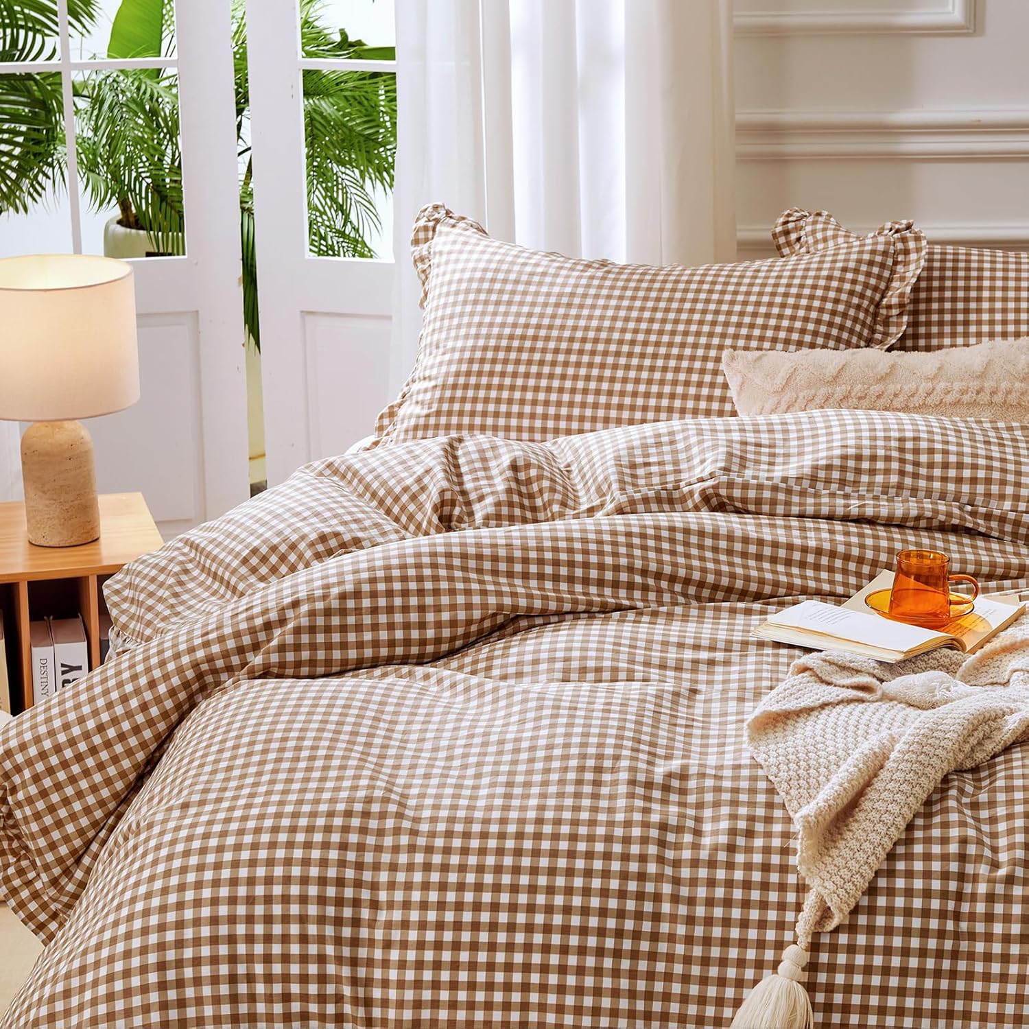 Ruffle Gingham Duvet Cover King Size Brown/White,100% Cotton,Shabby Chic Checkered Plaid Comforter Cover Set,3-Piece Vintage Bedding,104"×90"