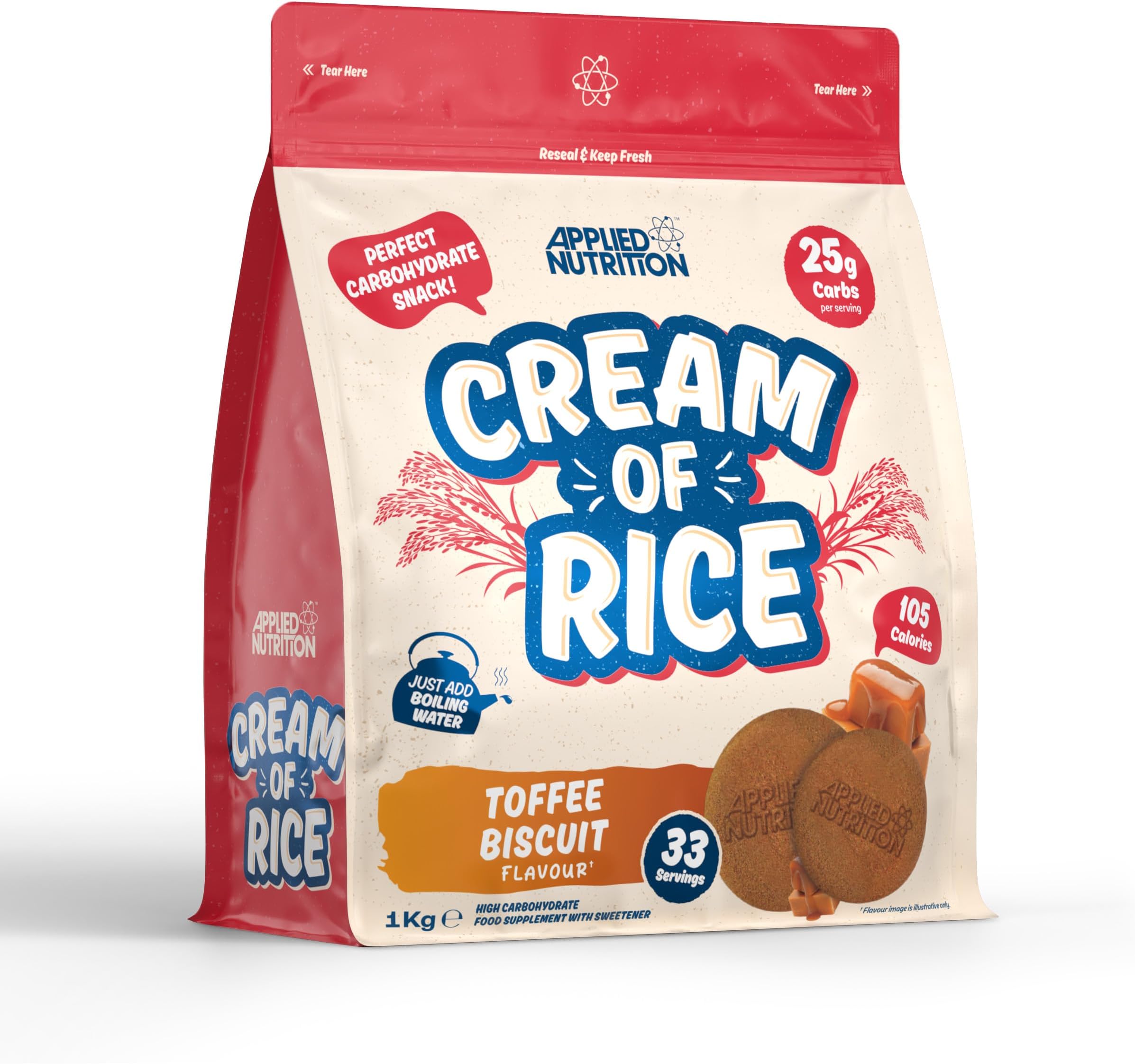 Applied Nutrition Cream of Rice - High Carbohydrate Cream of Rice Supplement, Source of Energy for Breakfast & Snacks, Easy to Digest, Low Sugar, Low Fat, 1kg (Toffee Biscuit)