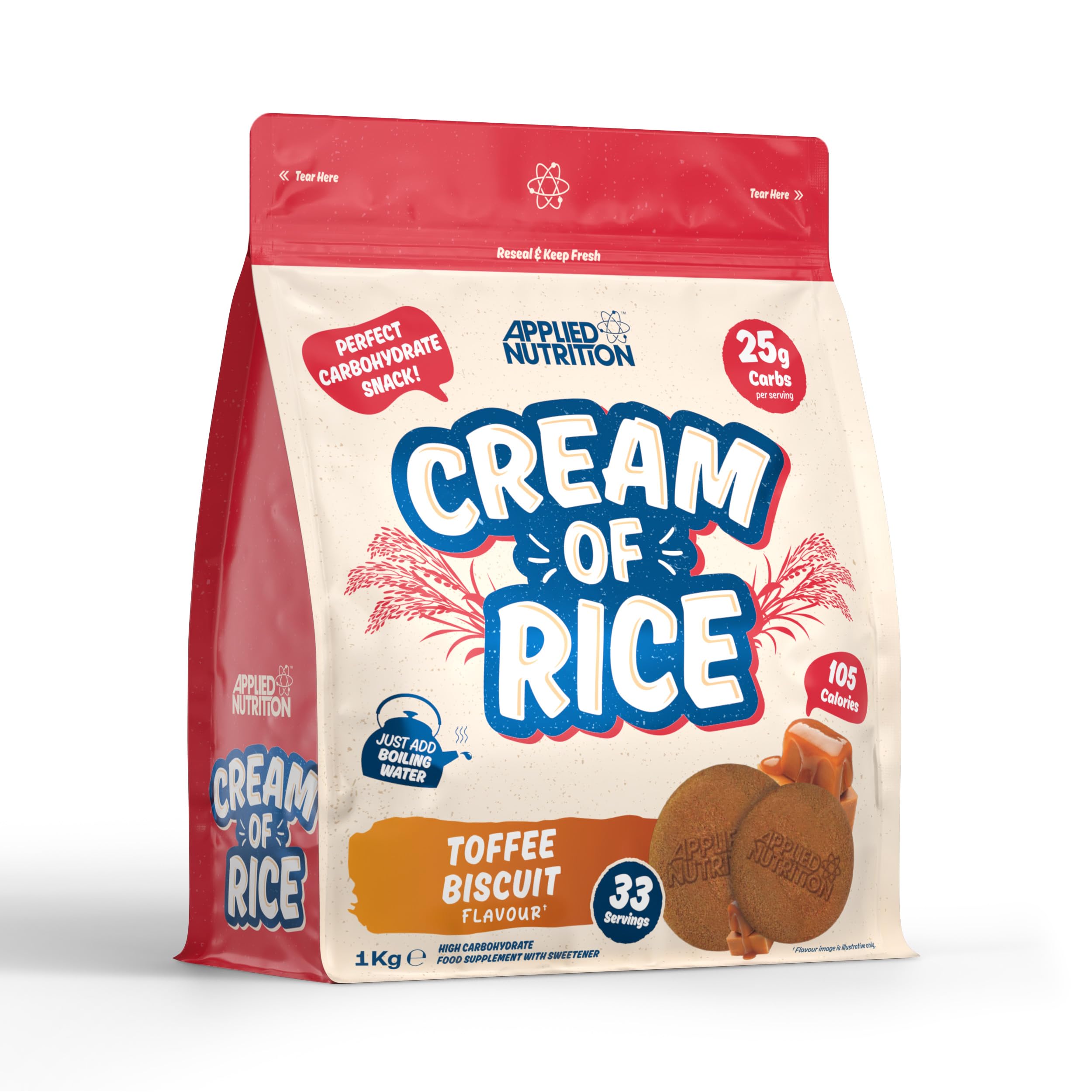 Applied Nutrition Cream of Rice - High Carbohydrate Cream of Rice Supplement, Source of Energy for Breakfast & Snacks, Easy to Digest, Low Sugar, Low Fat, 1kg (Toffee Biscuit)