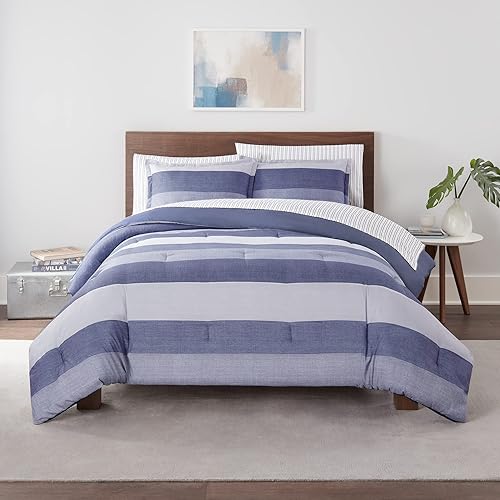 Serta Simply Clean Billy Soft 5 Piece Textured Stripe Bed in a Bag Complete Bedding Comforter Set with Sheets and Pillow Cases for All Season, Twin XL, Blue