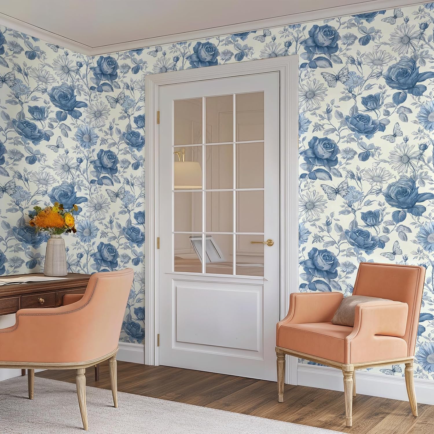 Vintage Blue Sketch Floral Botanical Wallpaper Peel and Stick Removable 17.7" x 236.22" Butterfly Rose Daisy Wall Paper Self Adhesive for Classroom Bedroom Laundry Room Bathroom