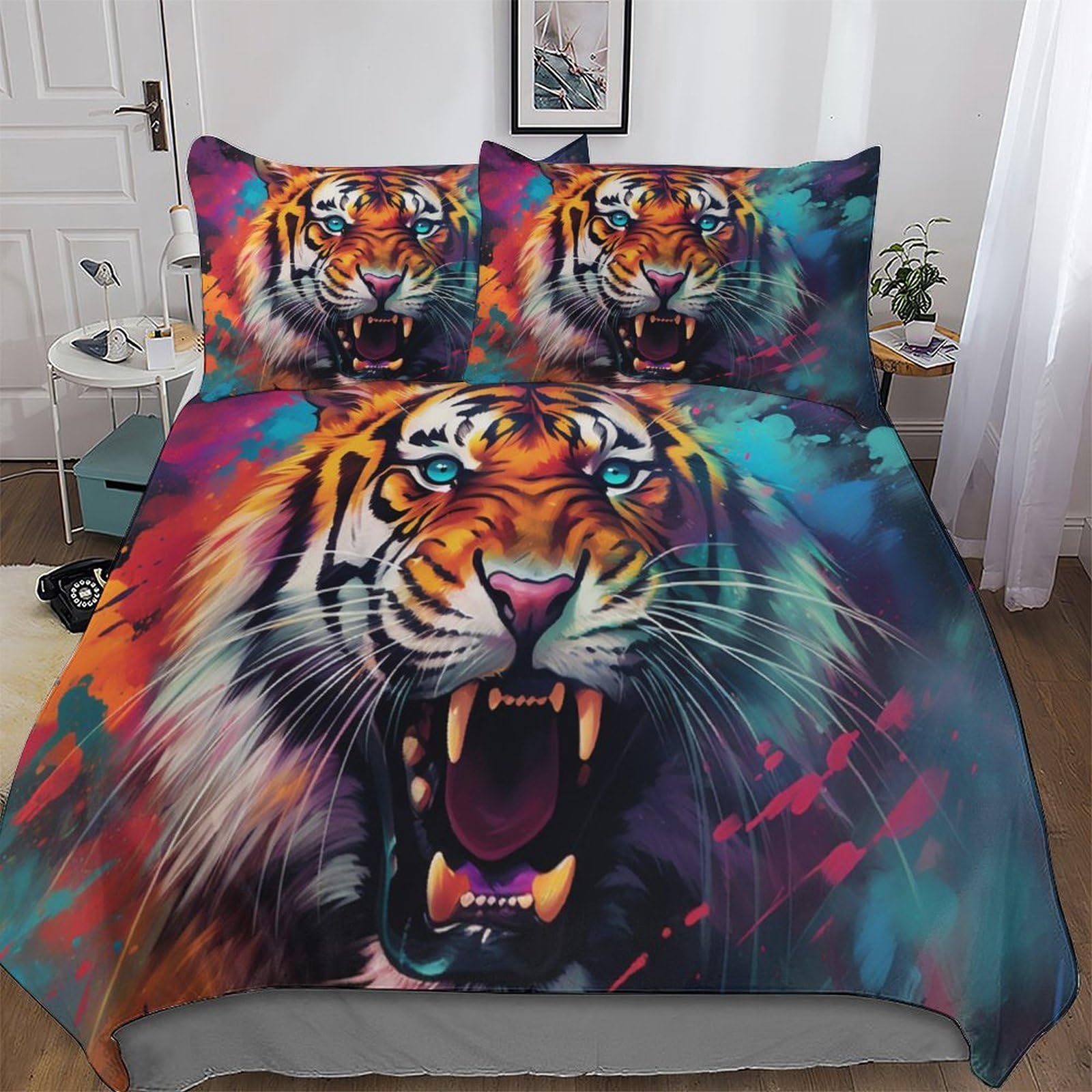 Parure de lit tigre housse de couette 3 pièces microfibre 200x200cm pour lit double